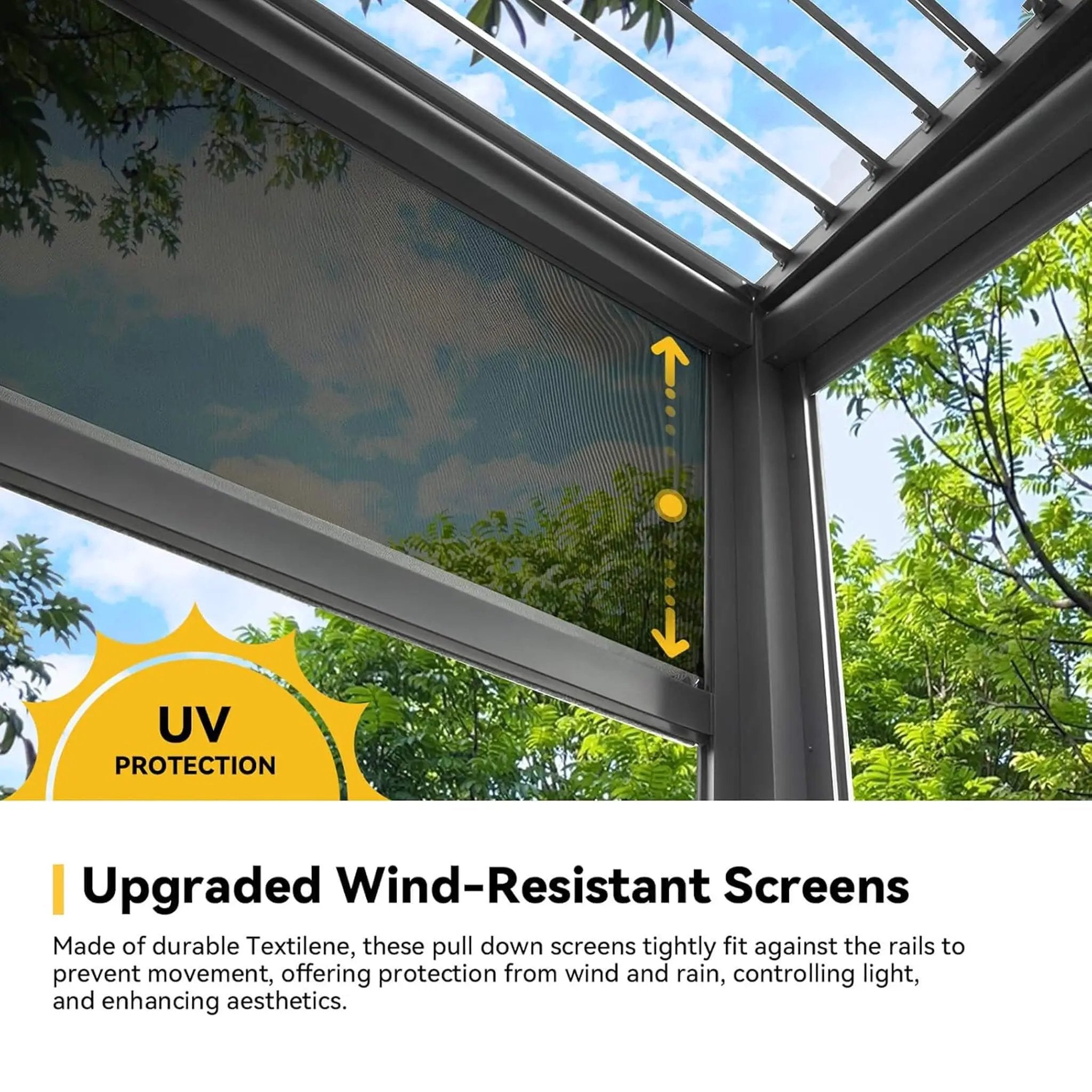 Alora Luxury Wall-Mounted Aluminum Louvered Pergola With Pull-Down Screens (SAK91537) by SAKSBY WHOLESALE
