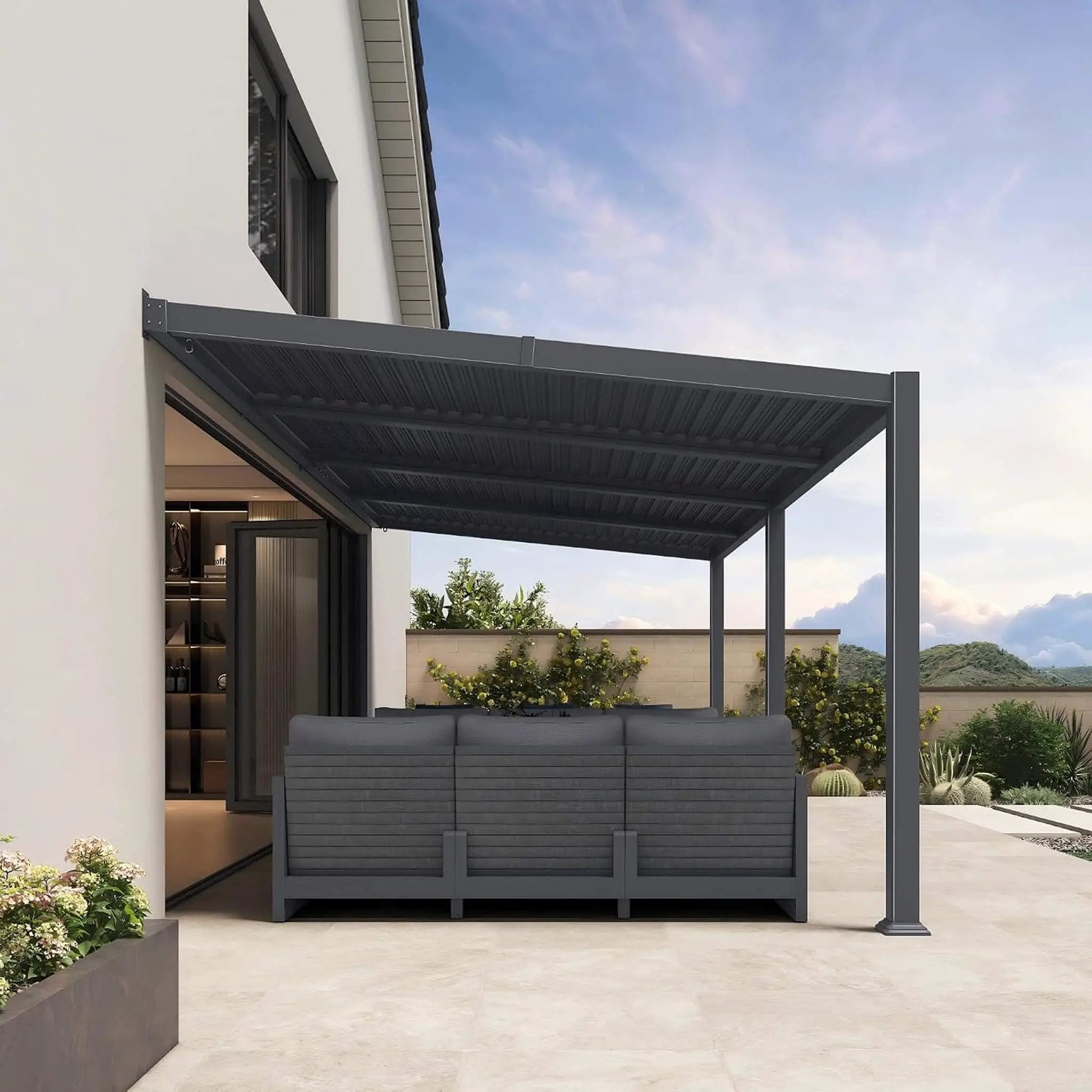 [10X20FT] Modern Wall-Mounted Louvered Pergola With Aluminum Frame (SAK90333) by SAKSBY WHOLESALE