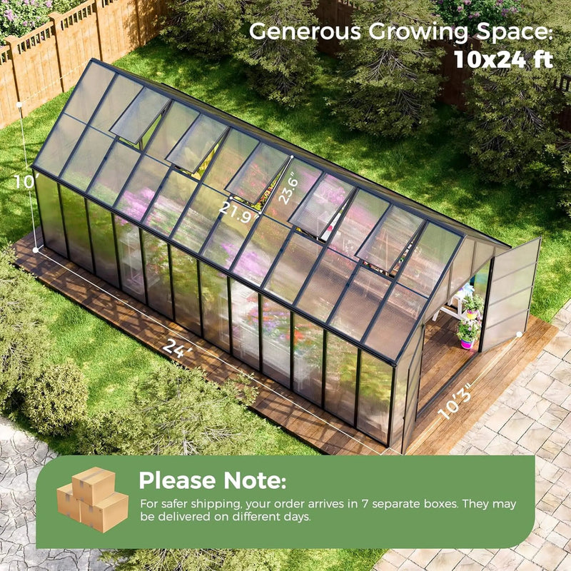 [10X24FT] Heavy-Duty Outdoor Aluminum Polycarbonate Greenhouse With Roof Vents And Swing Doors, 4MM (SAK97032) by SAKSBY WHOLESALE