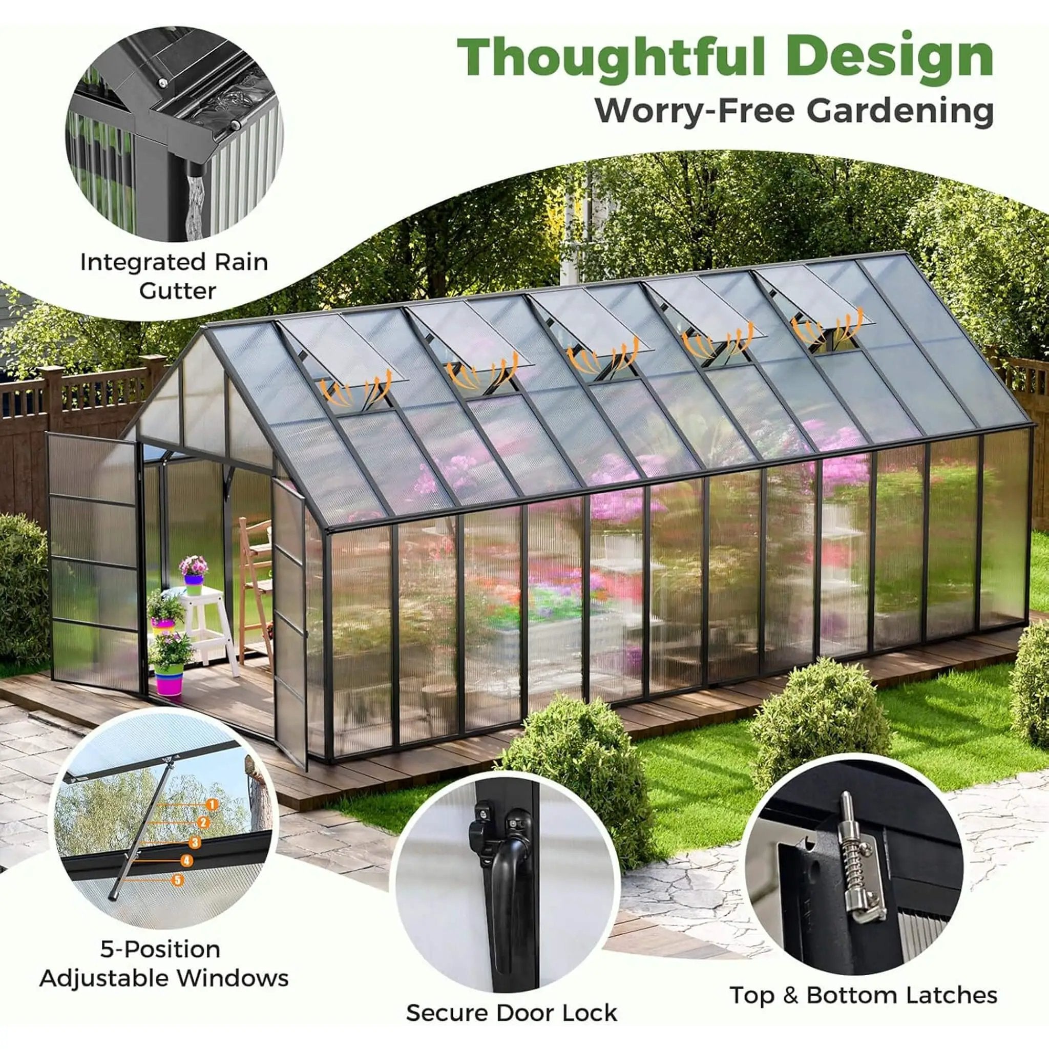 [10X24FT] Heavy-Duty Outdoor Aluminum Polycarbonate Greenhouse With Roof Vents And Swing Doors, 4MM (SAK97032) by SAKSBY WHOLESALE