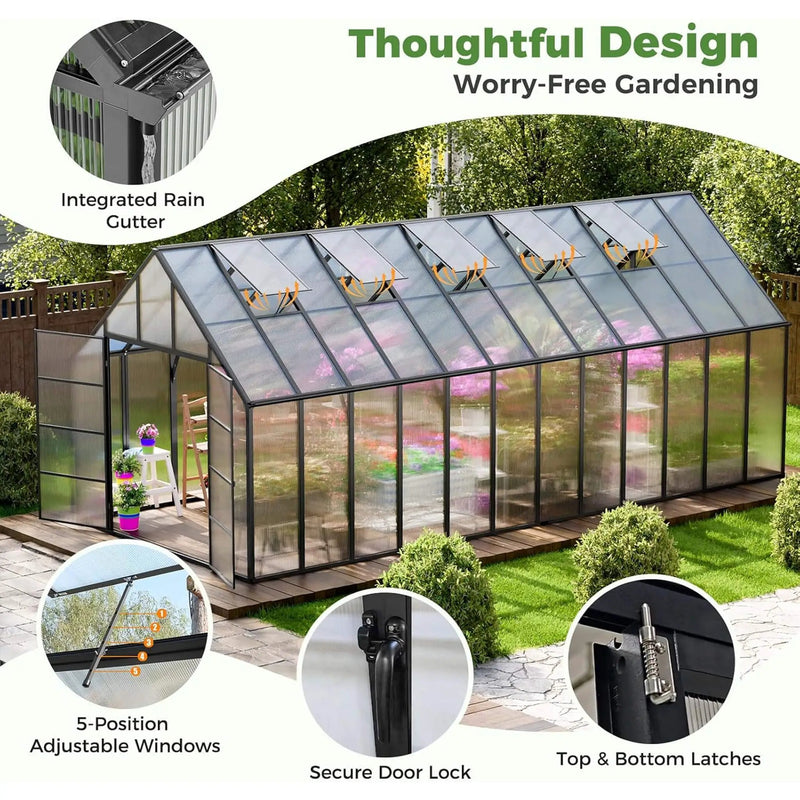 [10X24FT] Heavy-Duty Outdoor Aluminum Polycarbonate Greenhouse With Roof Vents And Swing Doors, 4MM (SAK97032) by SAKSBY WHOLESALE