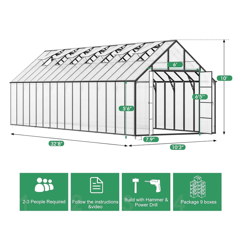 [10X32FT] Heavy-Duty Outdoor Aluminum Polycarbonate Greenhouse With Roof Vents And Swing Doors, 4MM (SAK10483) by SAKSBY WHOLESALE