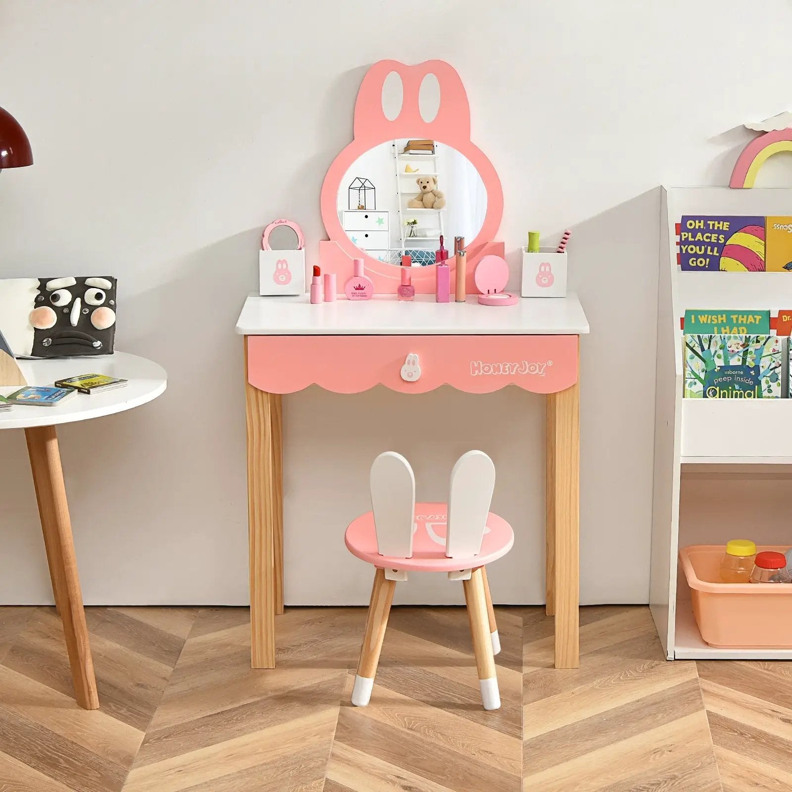 Kids Vanity Set Rabbit Makeup Dressing Table Chair Set with Mirror and Drawer by DirectDeals