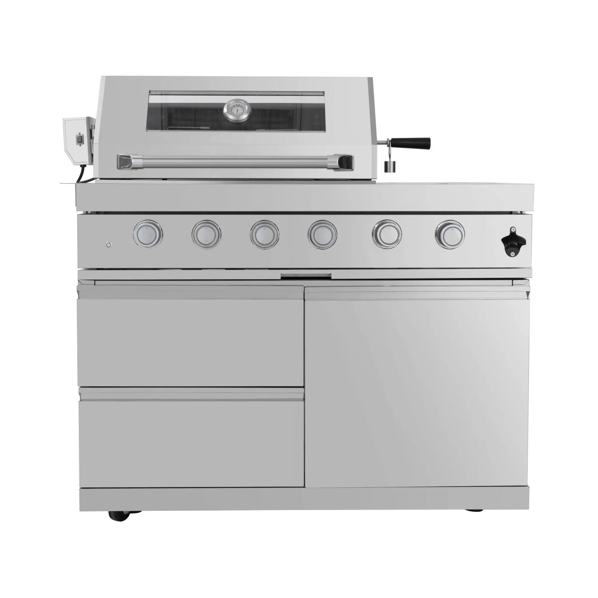 Castelle Flame Imperial 110-Inch 4-Burner 72K BTU Deluxe Stainless Steel Outdoor Kitchen Grill Island With Wine Cooler, Rotisserie, Cabinets, And Granite Countertops (SAK94721) by SAKSBY WHOLESALE