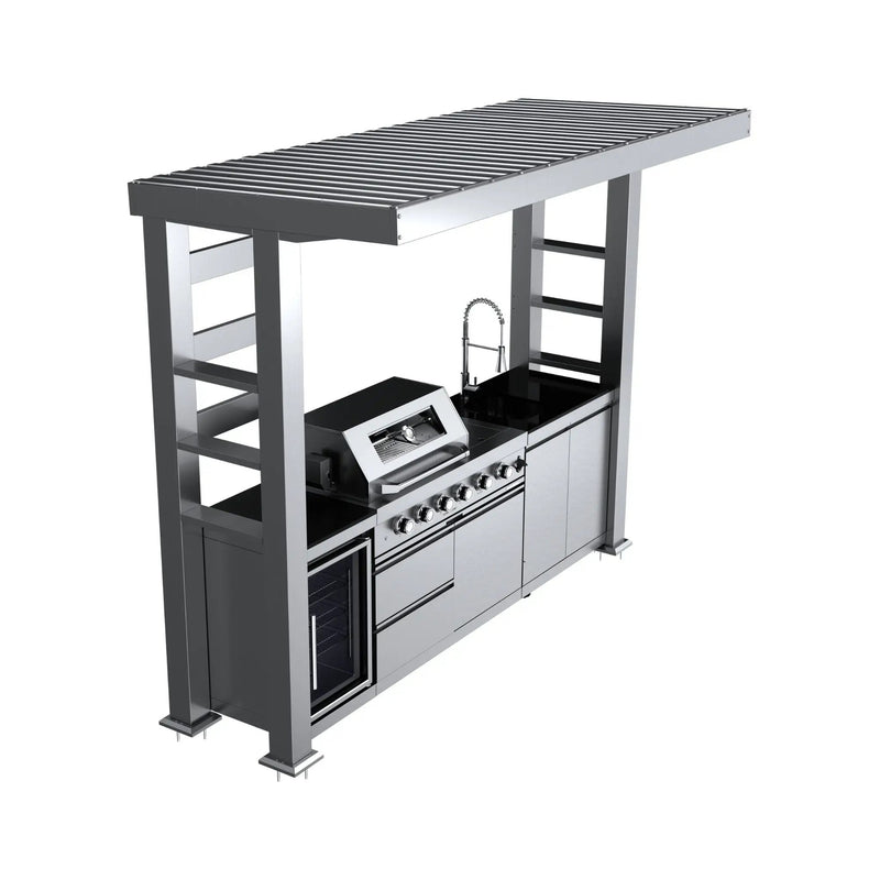 Castelle Flame Imperial 110-Inch 4-Burner 72K BTU Deluxe Stainless Steel Outdoor Kitchen Grill Island With Wine Cooler, Rotisserie, Cabinets, And Granite Countertops (SAK94721) by SAKSBY WHOLESALE