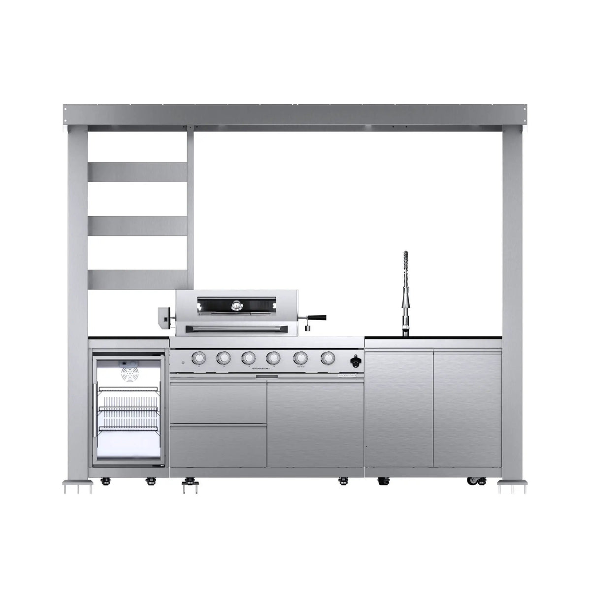 Castelle Flame Imperial 110-Inch 4-Burner 72K BTU Deluxe Stainless Steel Outdoor Kitchen Grill Island With Wine Cooler, Rotisserie, Cabinets, And Granite Countertops (SAK94721) by SAKSBY WHOLESALE