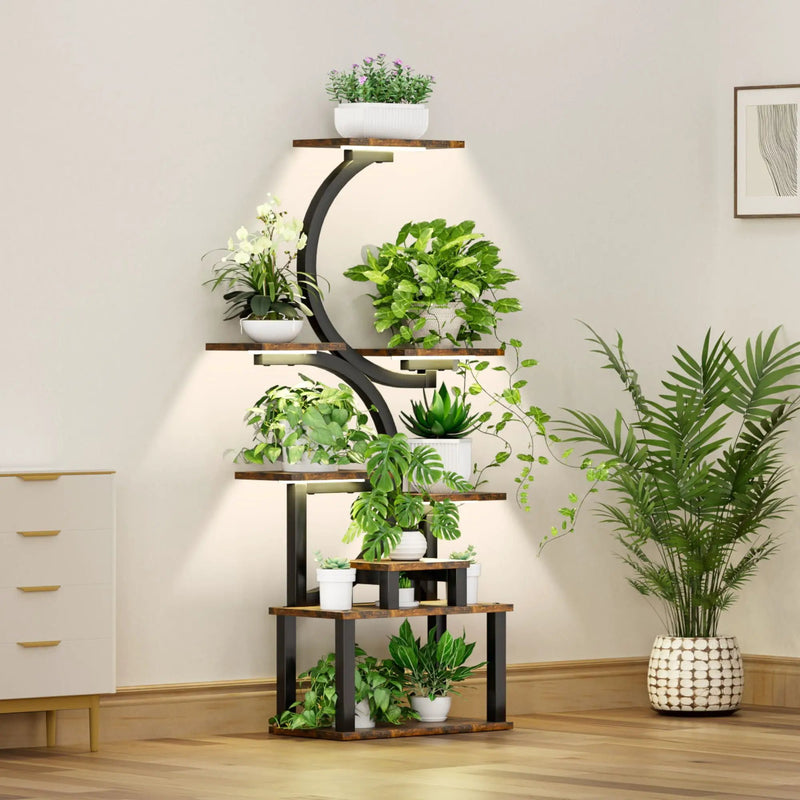 8 Tier Indoor Plant Stand With 5 Grow Lights For Living Room - Rustic Brown by HouseOfZazla