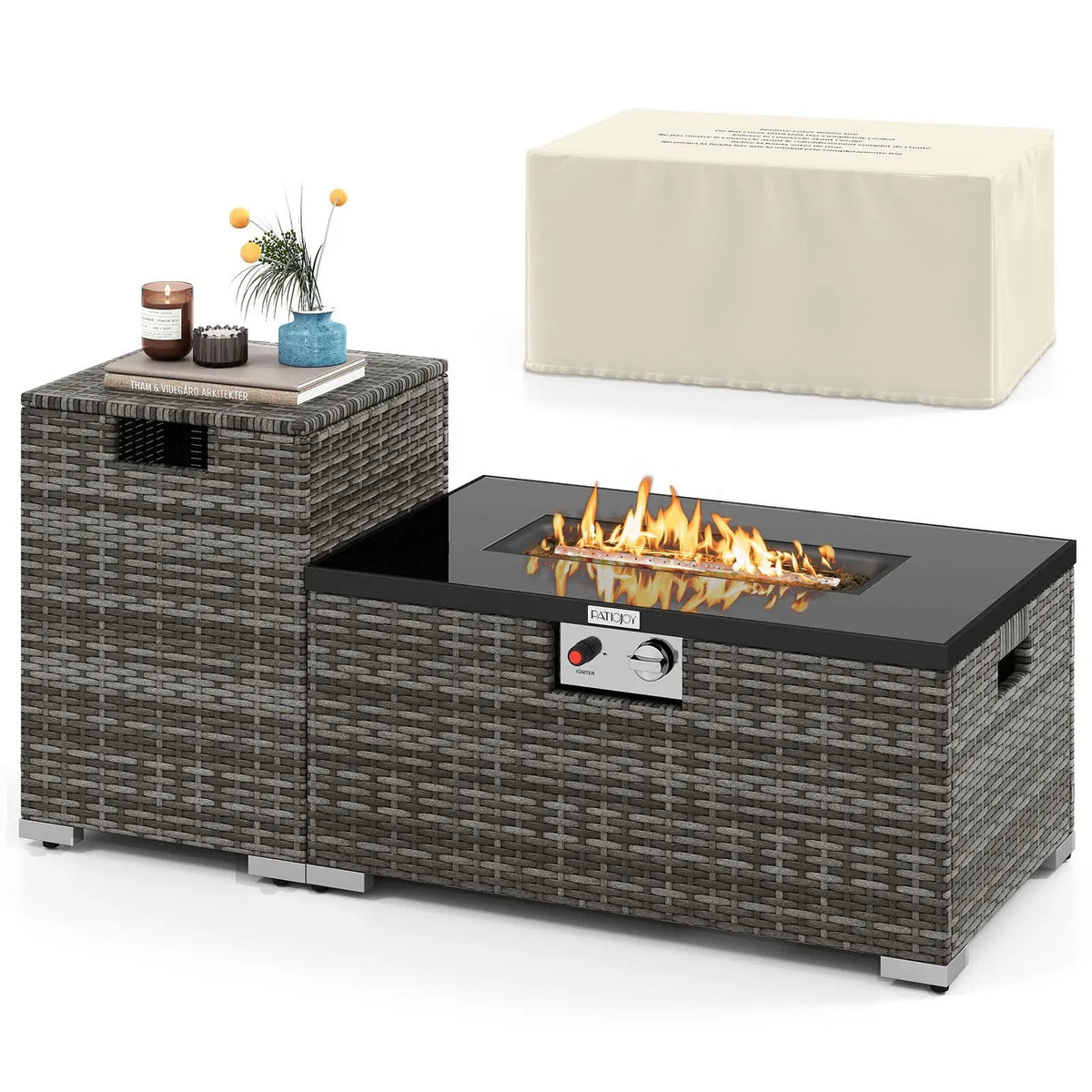 2-Piece Outdoor Rattan Fire Table Set 32 Inch Rectangle Gas Firepit with Tank Cover, photo 10 of 24