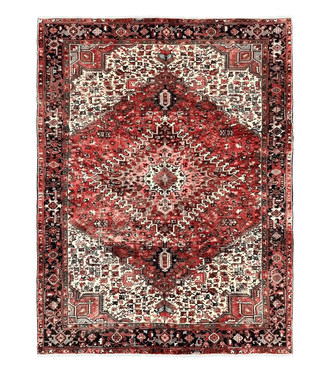 Large Persian Heriz Rug 10x13, Red and Cream Geometric Tribal Room Sized Handmade Wool Hand Knotted Semi Antique Decorative Oriental Carpet by Jewel Rugs