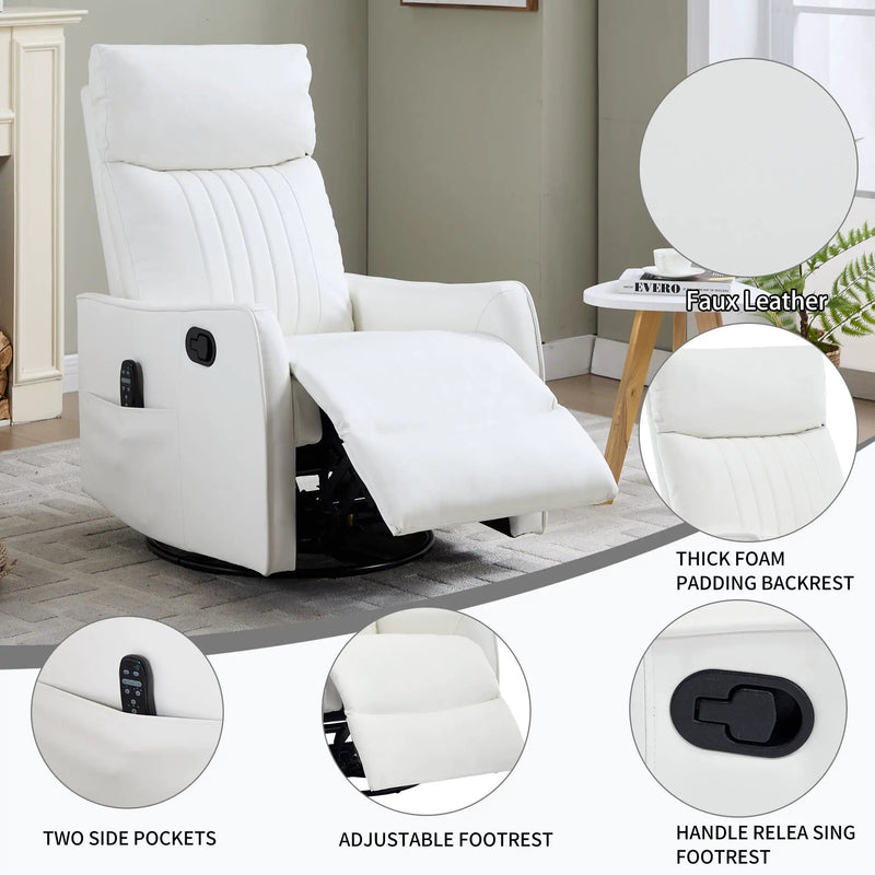 White Heat Massage Manual Recliner Chair with Rocker and Swivel in Faux Leather by HouseOfZazla