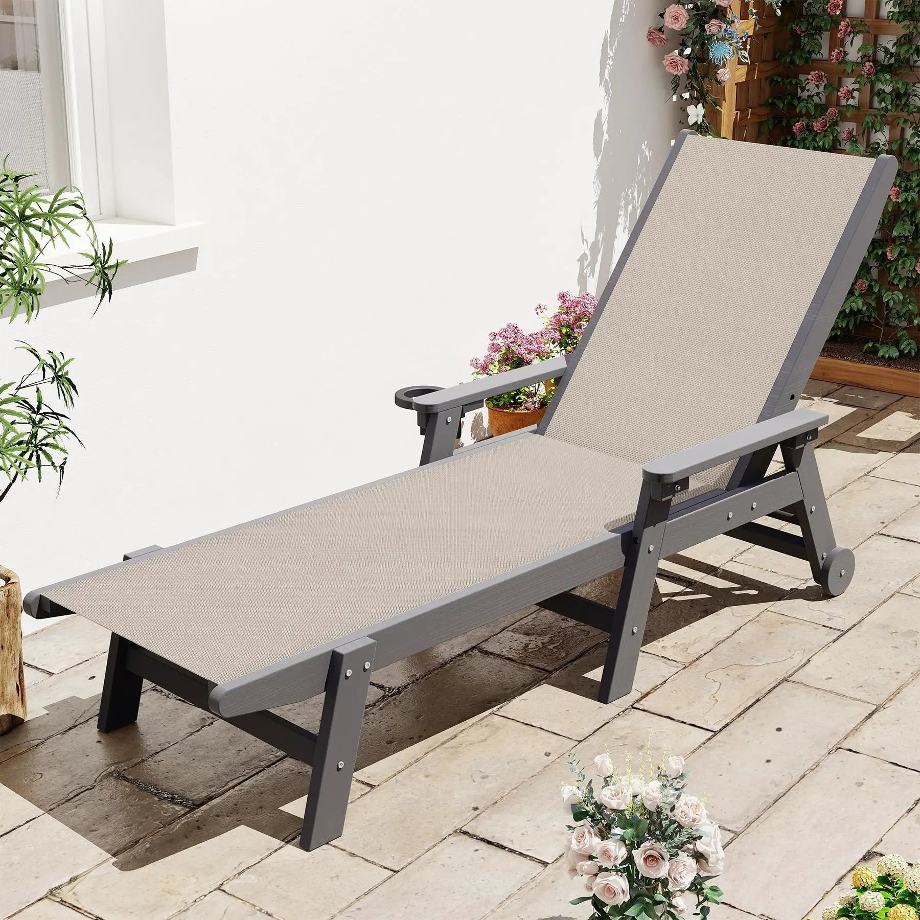 Lounge Chair Outdoor, HDPE Chaise Lounge with Wheels and Adjustable Recliner by HouseOfZazla