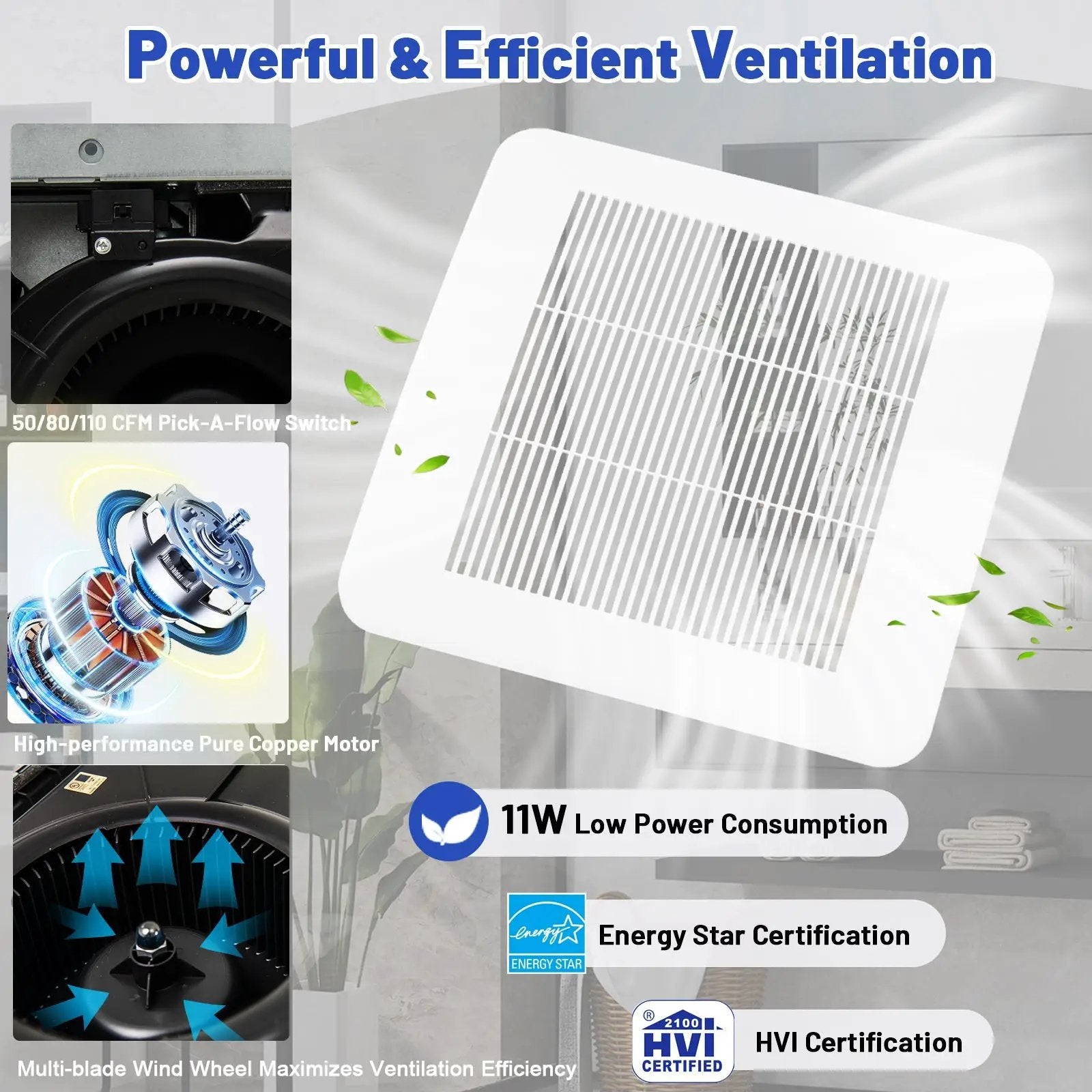 50/80/110 CFM Ceiling Mount Bathroom Fan with Pick-A-Flow and 4 Inches Duct by DirectDeals