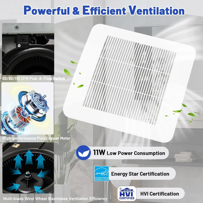 50/80/110 CFM Ceiling Mount Bathroom Fan with Pick-A-Flow and 4 Inches Duct by DirectDeals