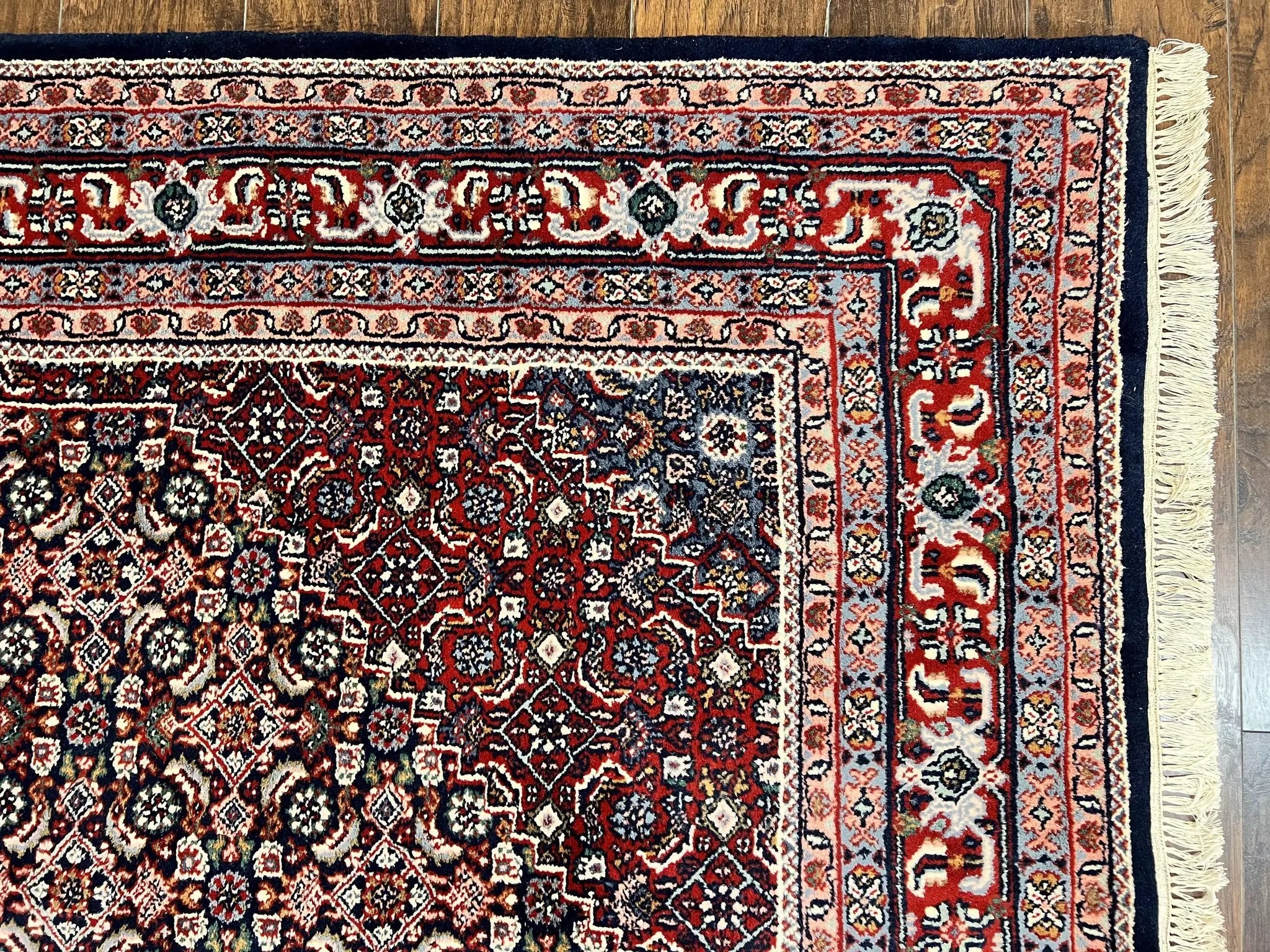 Indo Persian Rug 7x10, Dark Blue and Red Hand Knotted Wool Vintage Oriental Carpet 7 x 10 ft, Handmade Bidjar Rug, Herati Pattern Indian Rug by Jewel Rugs