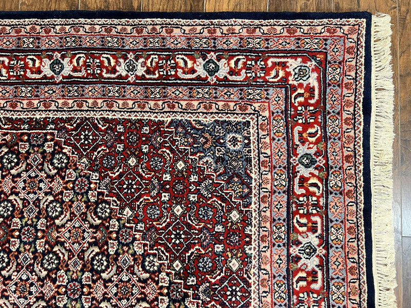 Indo Persian Rug 7x10, Dark Blue and Red Hand Knotted Wool Vintage Oriental Carpet 7 x 10 ft, Handmade Bidjar Rug, Herati Pattern Indian Rug by Jewel Rugs