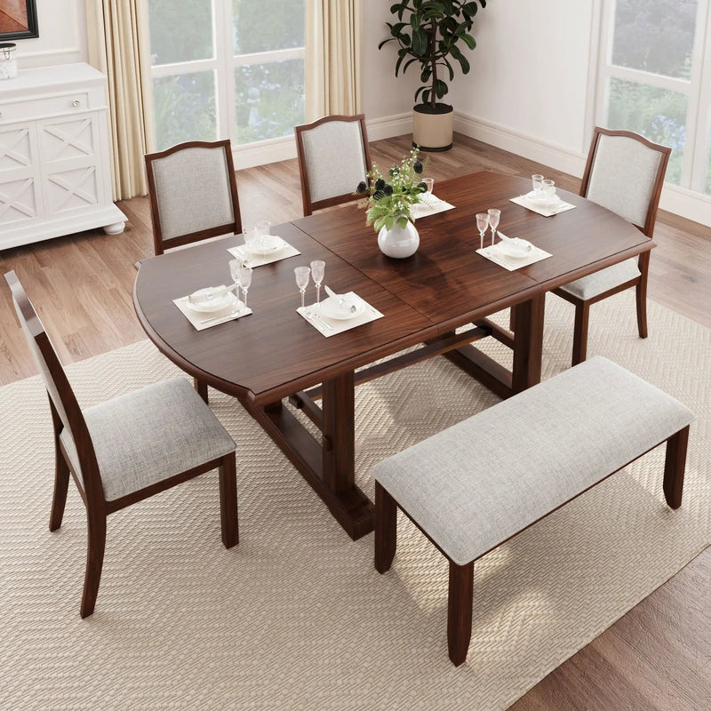 6 Piece Extendable Dining Table Set, Wood Table With Removable Leaf, 4 Upholstered Chairs And Bench - Cherry by Unique Piece Furniture