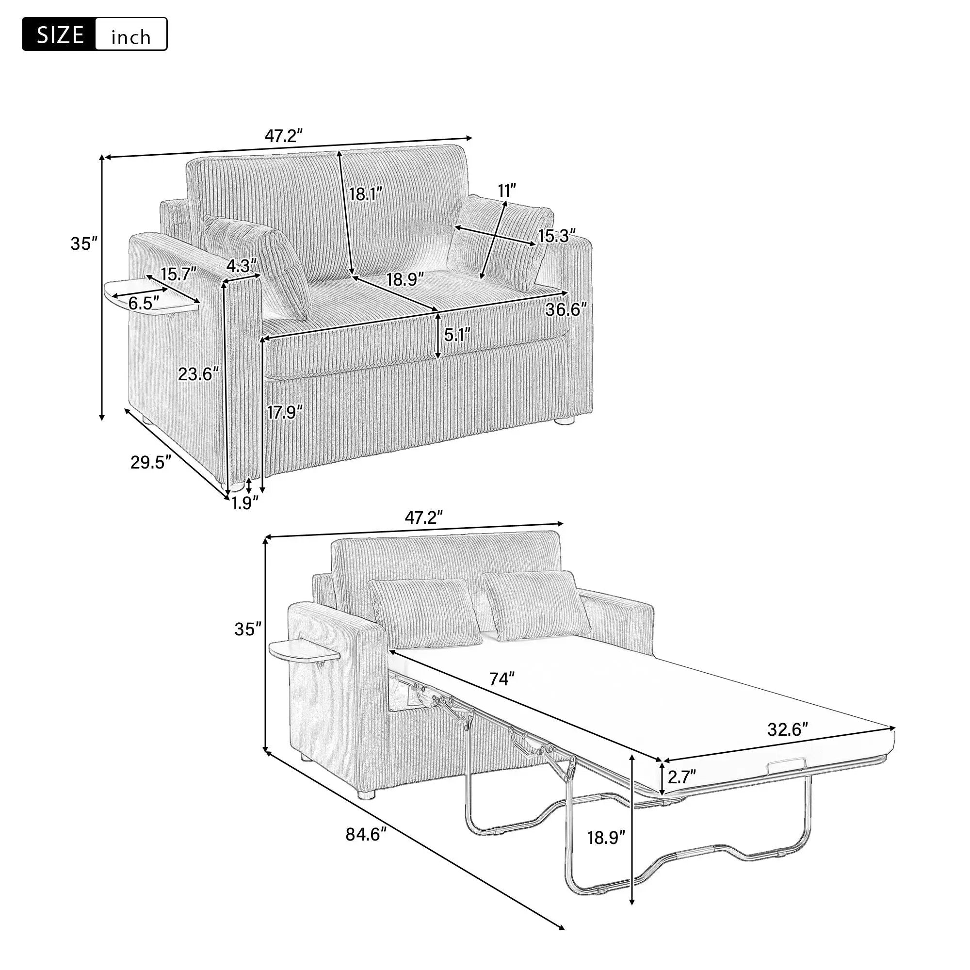 Sleeper Sofa With Foldable Mattress, USB Ports, Side Table & Storage Pocket by Unique Piece Furniture