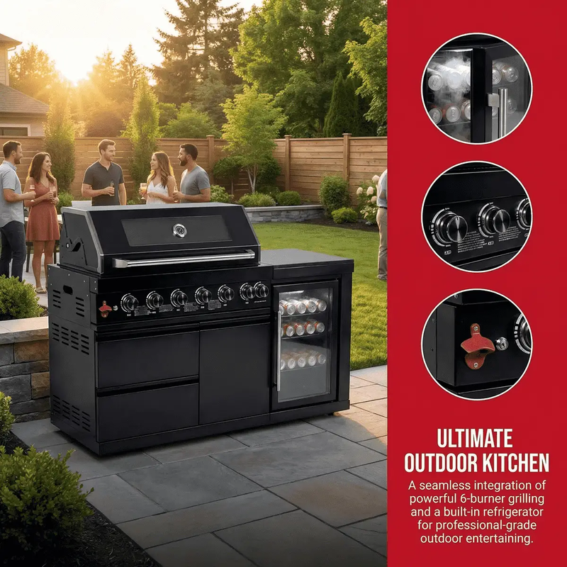 63" 6-Burner Black Outdoor Kitchen Island Grill + Fridge by Chery Industrial