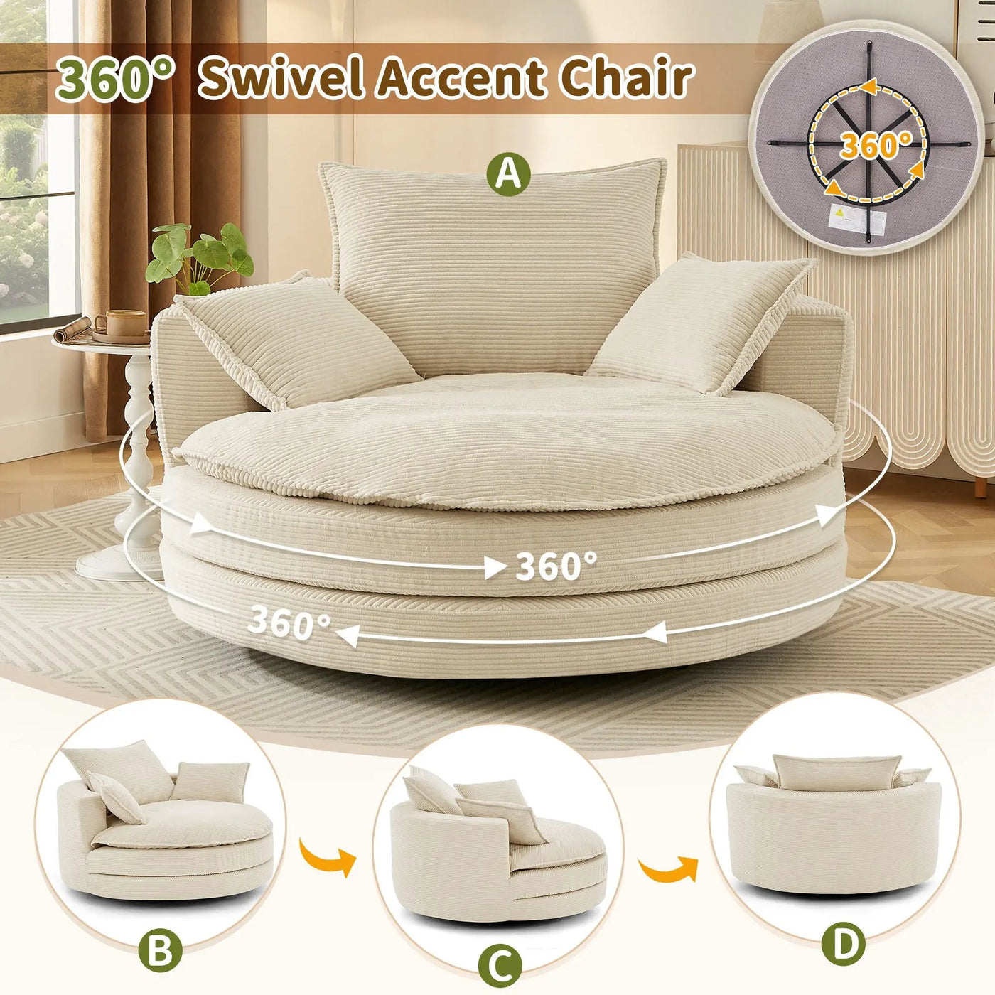 360° Swivel Accent Barrel Chair With Dual Layer Cushion And 3 Removable Pillows by Unique Piece Furniture