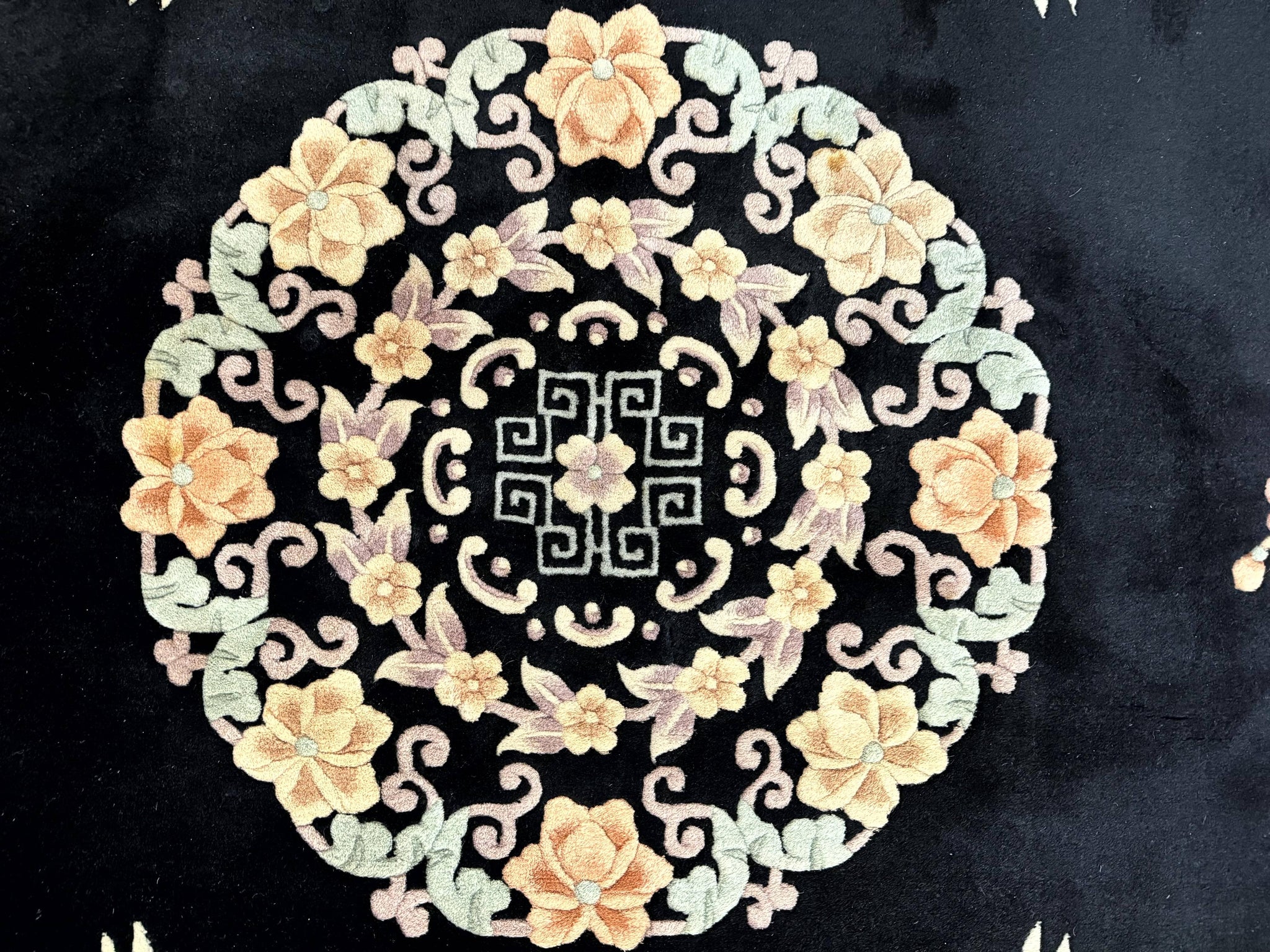 Chinese Wool Rug 9x12, Chinese Carving Carpet, Floral Medallion, Black and Beige, Butterflies, Vintage Asian Oriental Rug, 90 Line Rug by Jewel Rugs