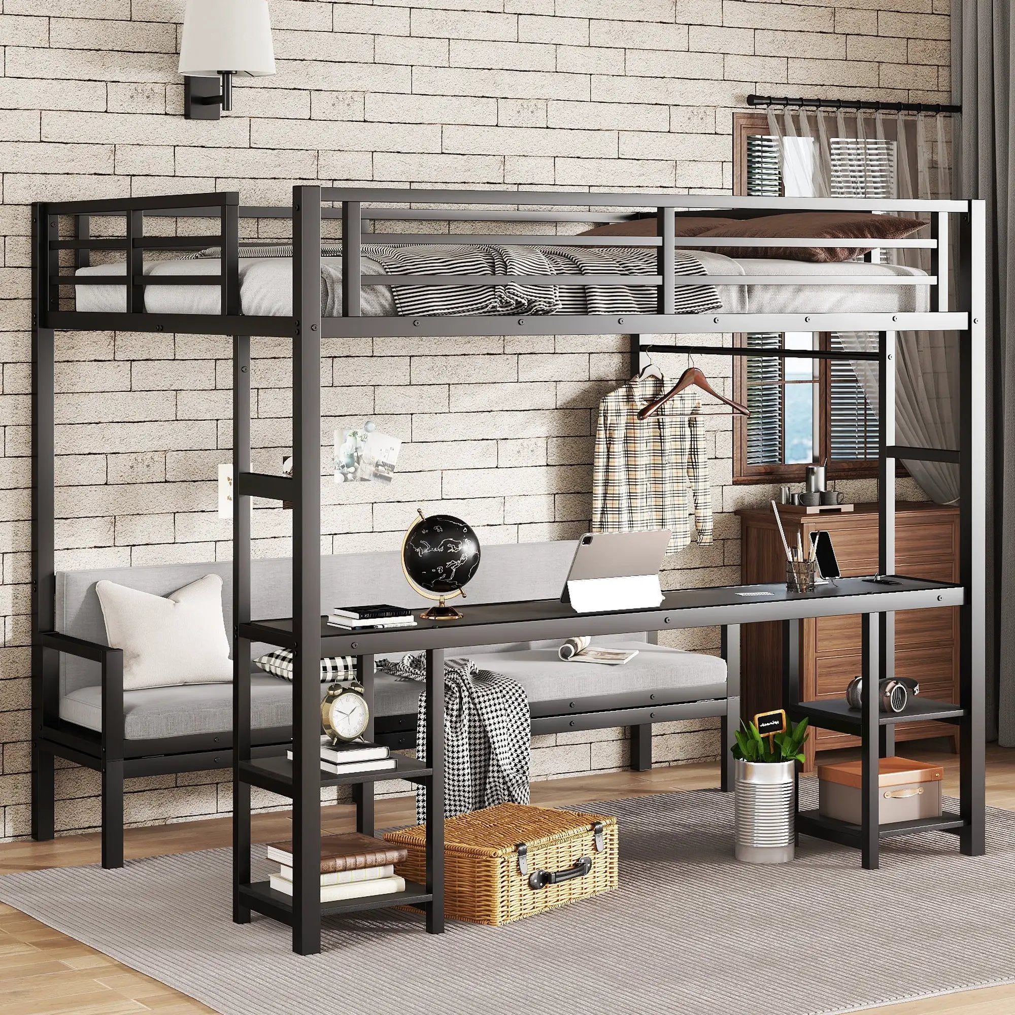 Queen Over Twin XL Metal Bunk Bed with Desk and Shelves by HouseOfZazla