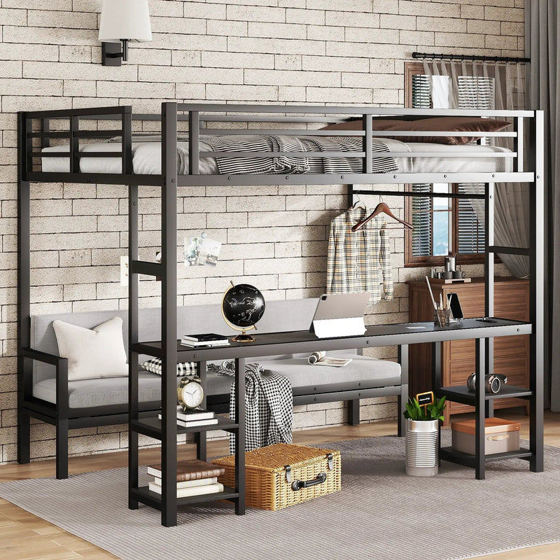 Queen Over Twin XL Metal Bunk Bed with Desk and Shelves by HouseOfZazla