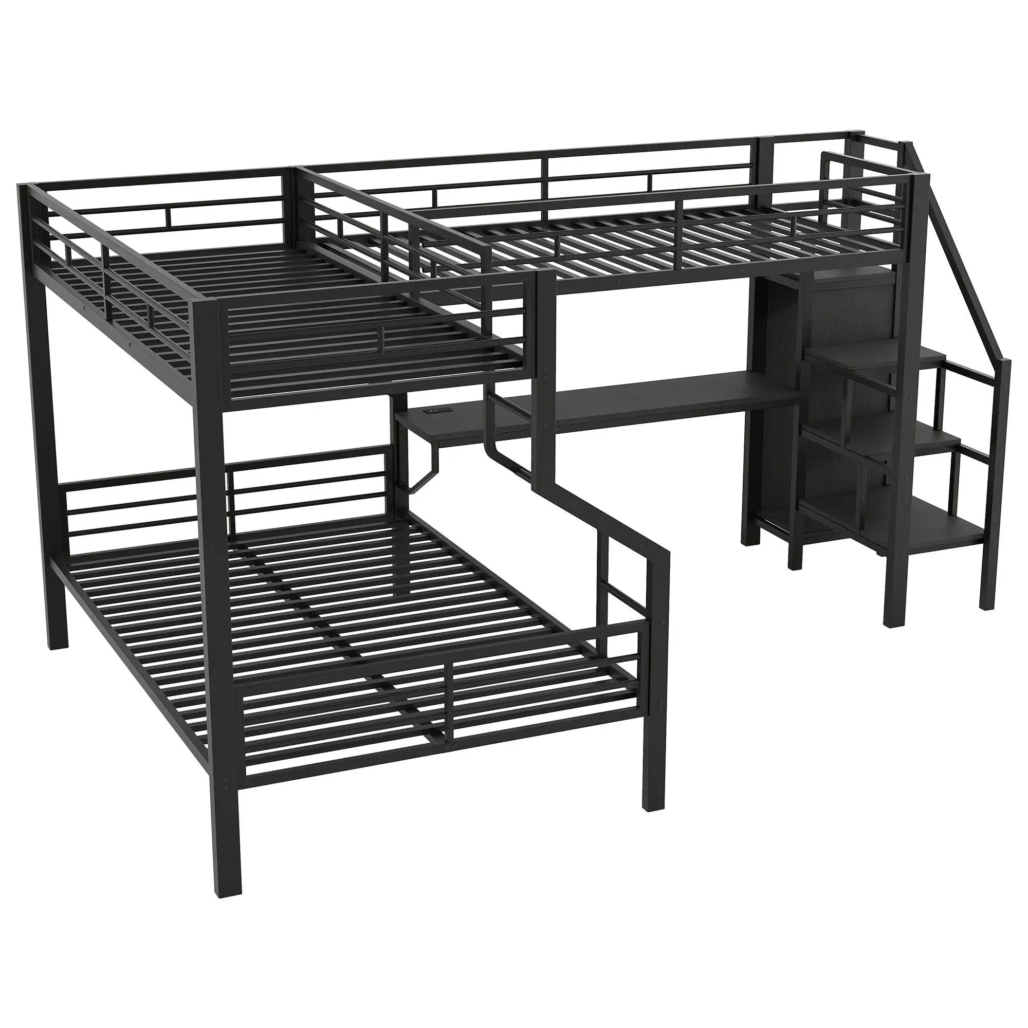 Twin Over Full L Shaped Bunk & Loft Bed With Built-In Wardrobe, Desk, And USB Ports - Black by HouseOfZazla