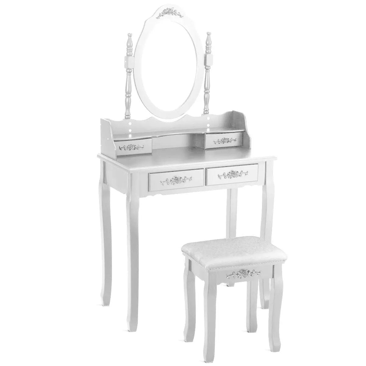Wood Vanity Table Set with Oval Mirror and 4 Drawers for Kids Girls Women-White by DirectDeals