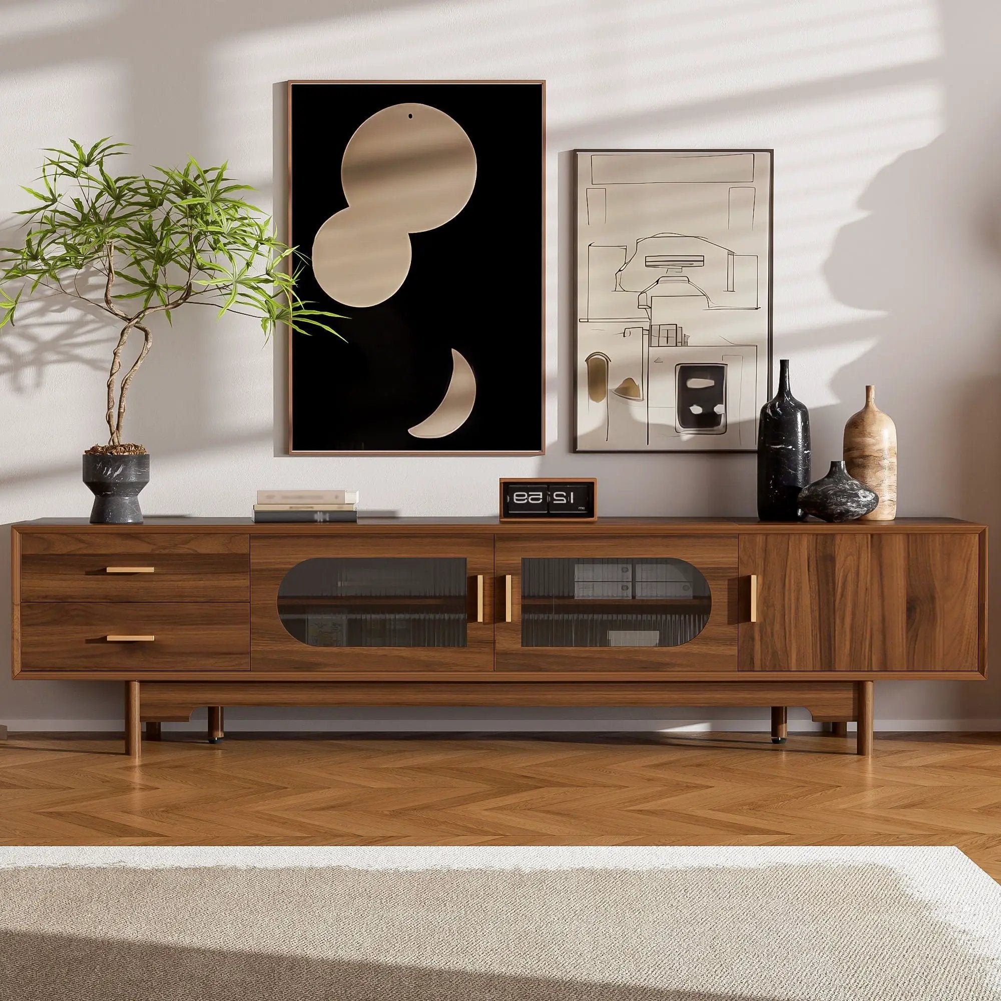 Modern TV Stand With Fluted Glass Doors & 2 Drawers by HouseOfZazla