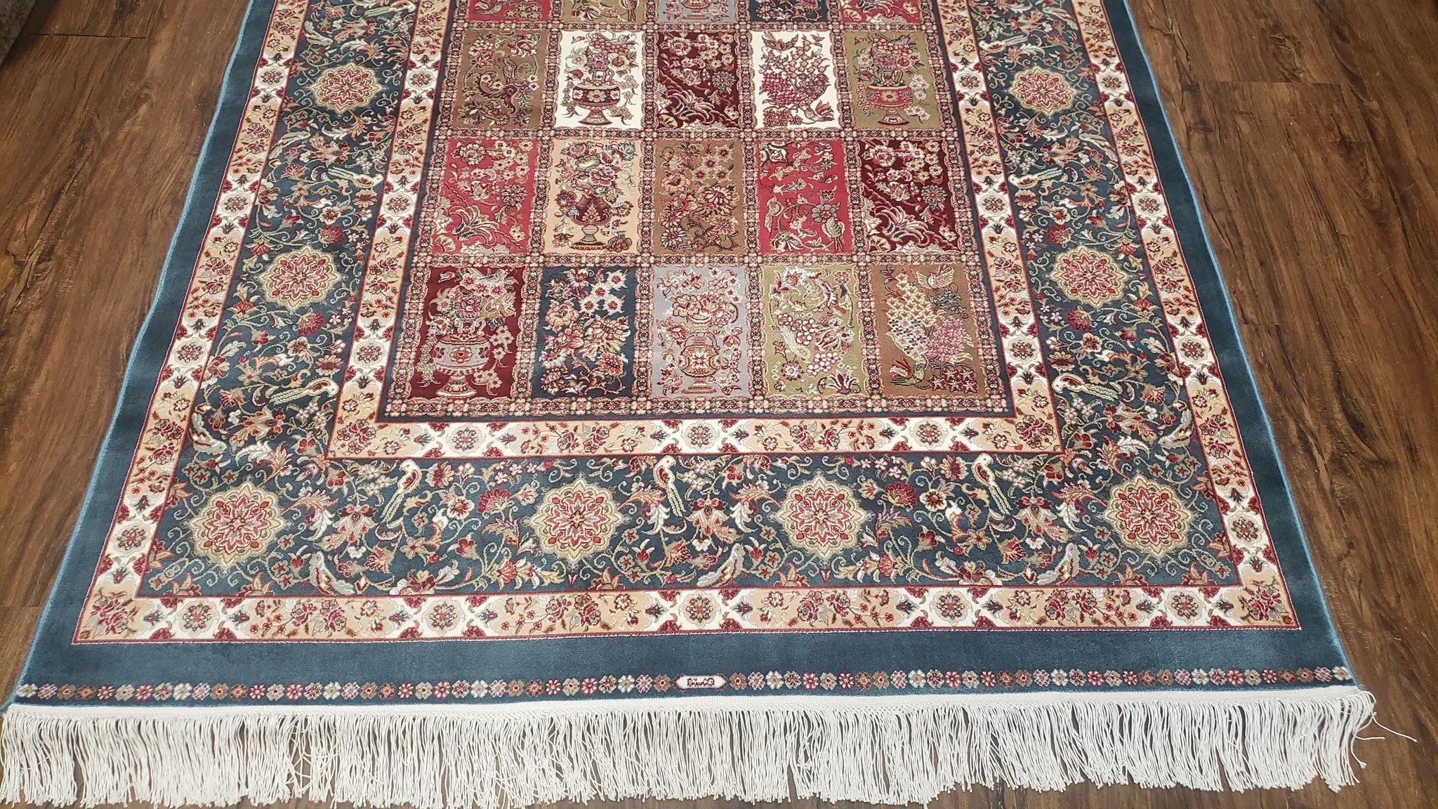 Silk Carpet 4x6 Blue, Panel Design, Four Seasons Pattern, Super Fine & Soft, Bamboo Silk, 4 x 6 Oriental Area Rug, High Quality, New Rug by Jewel Rugs