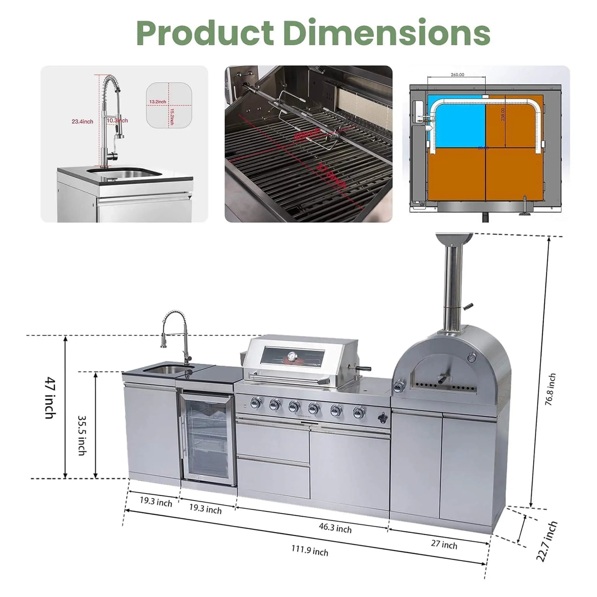 Blazon 112-Inch 4-Burner 108K BTU Outdoor Kitchen Island With Pizza Oven, Rotisserie & Refrigerator (SAK94565) by SAKSBY WHOLESALE