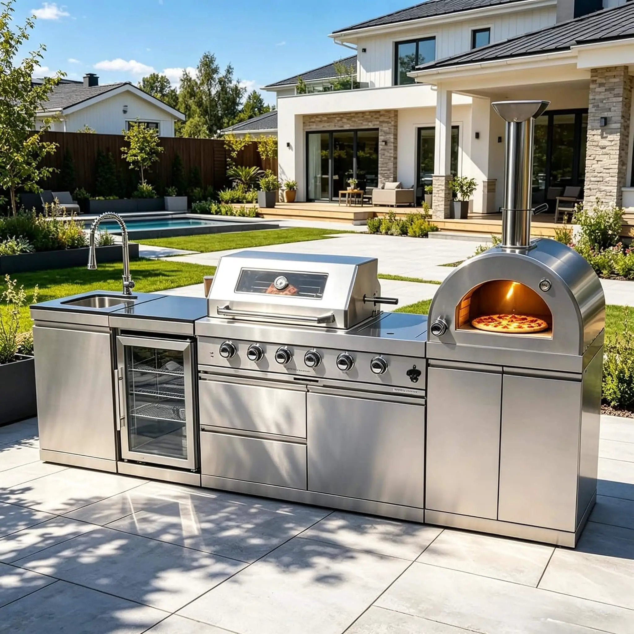 Blazon 112-Inch 4-Burner 108K BTU Outdoor Kitchen Island With Pizza Oven, Rotisserie & Refrigerator (SAK94565) by SAKSBY WHOLESALE