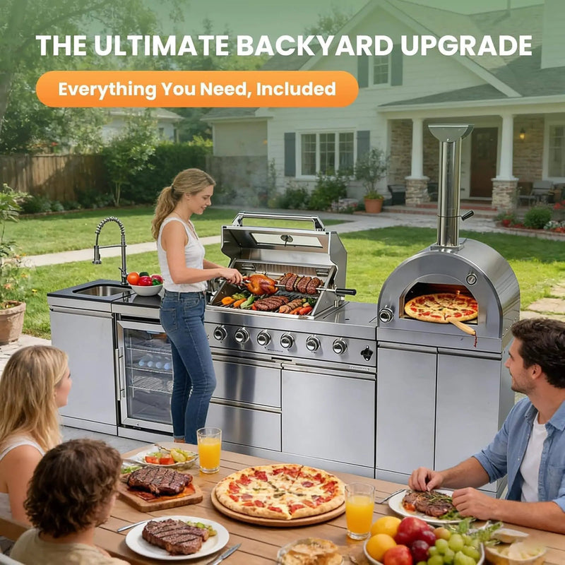 Blazon 112-Inch 4-Burner 108K BTU Outdoor Kitchen Island With Pizza Oven, Rotisserie & Refrigerator (SAK94565) by SAKSBY WHOLESALE