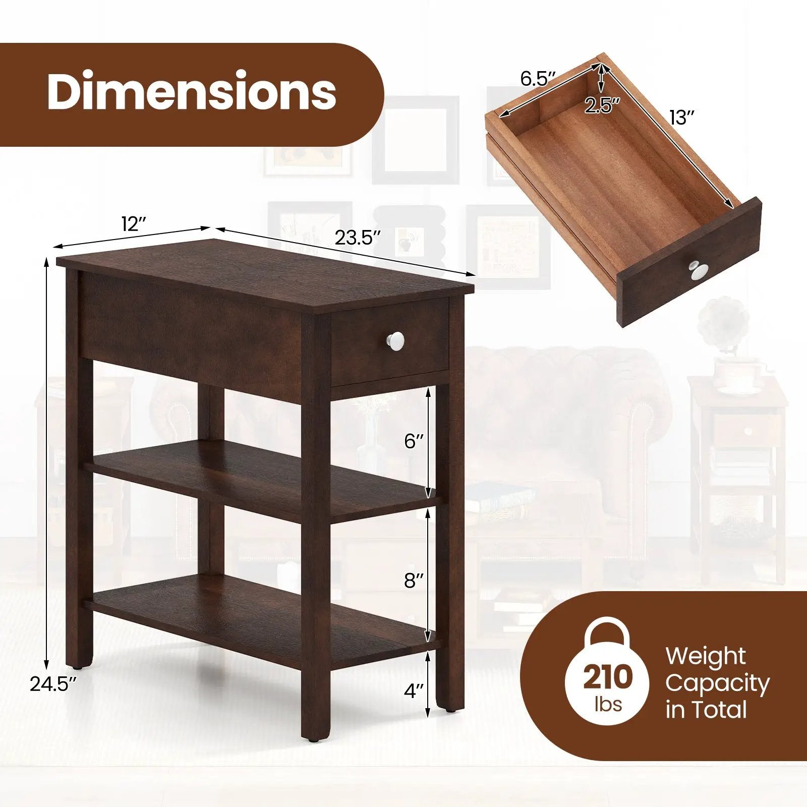 3-Tier Narrow End Table with Drawer and Storage Shelves by DirectDeals