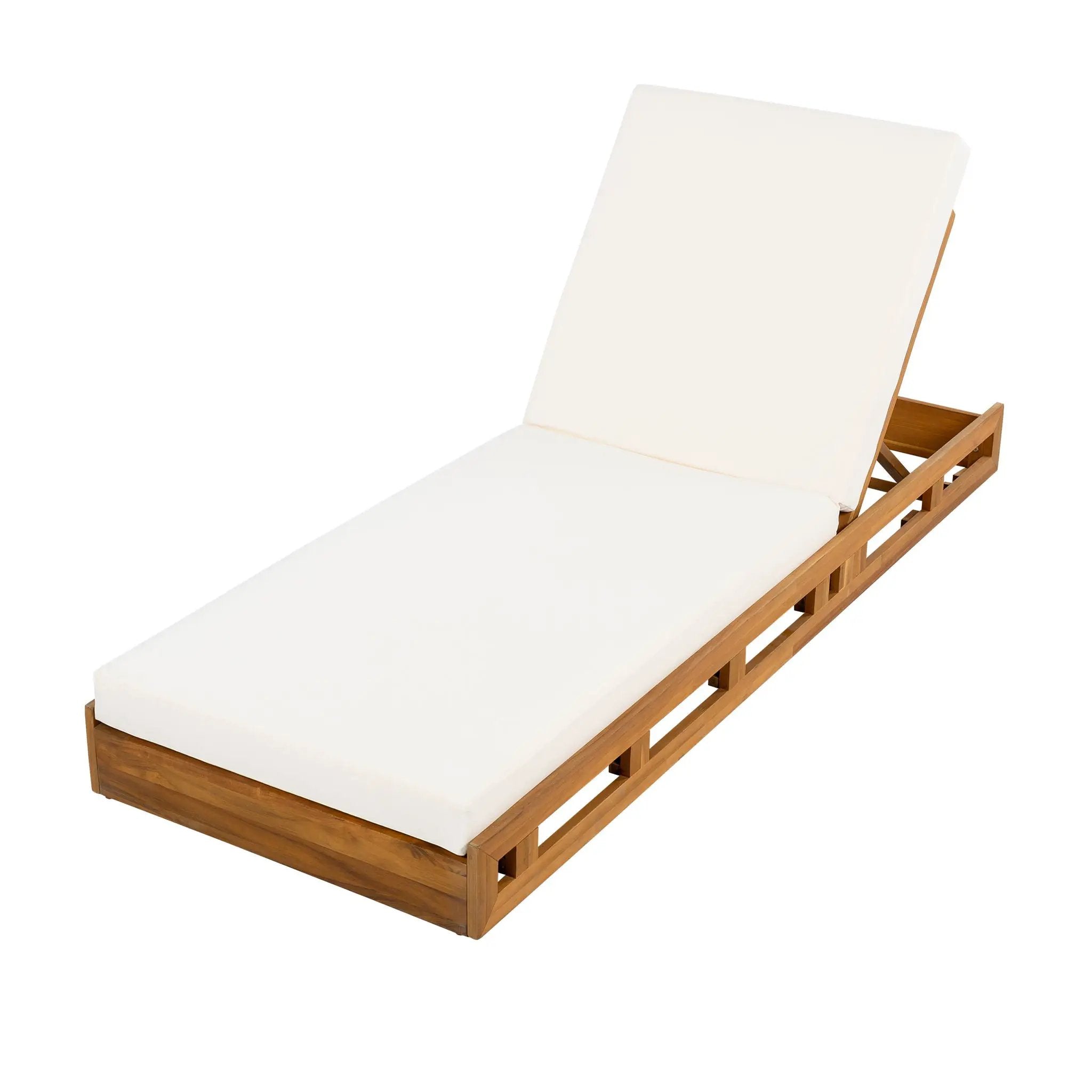Premium Acacia Wood Lounge Chaise Set With Water Resistant Cushions, Adjustable Recline - Cream / Teak by HouseOfZazla