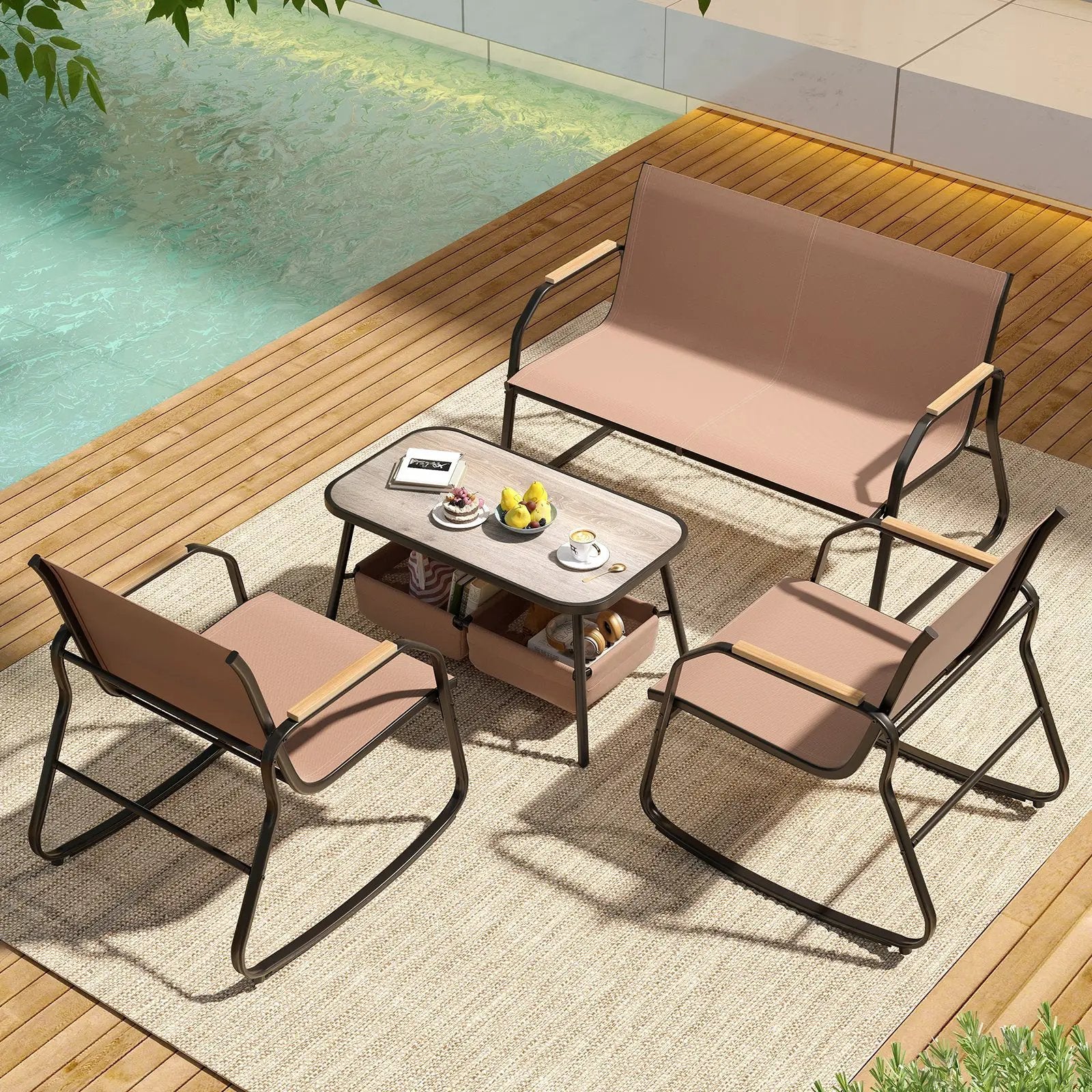 4 Pieces Patio Furniture Set with Rocking Bistro Chairs and Breathable Mesh Fabric-Coffee by DirectDeals
