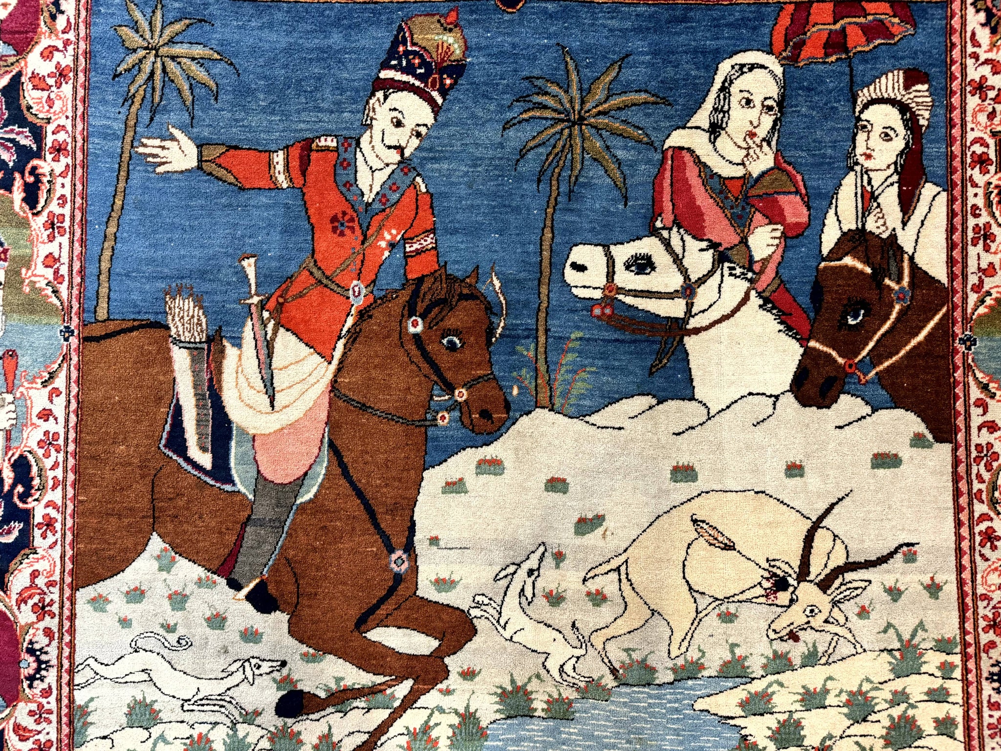 Rare Persian Kashan Pictorial Rug 6x9, King Bahram Hunting Scene, Persian Kings, Hand Knotted Persian Rug for Wall Hanging, Antique, Wool by Jewel Rugs
