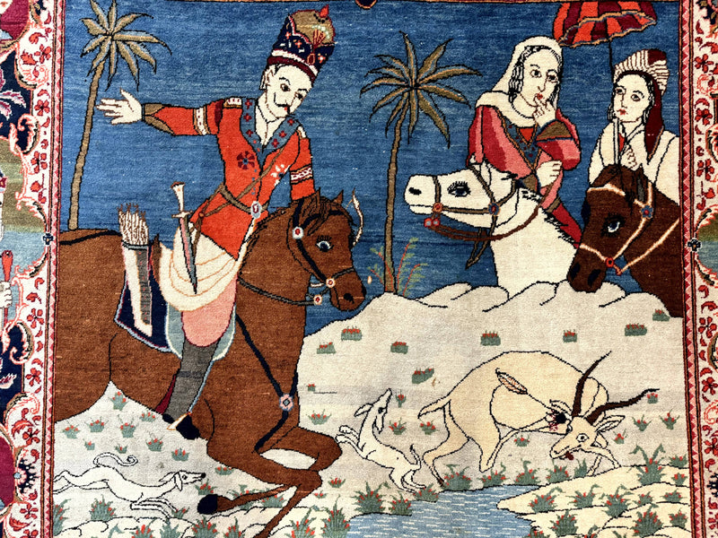 Rare Persian Kashan Pictorial Rug 6x9, King Bahram Hunting Scene, Persian Kings, Hand Knotted Persian Rug for Wall Hanging, Antique, Wool by Jewel Rugs