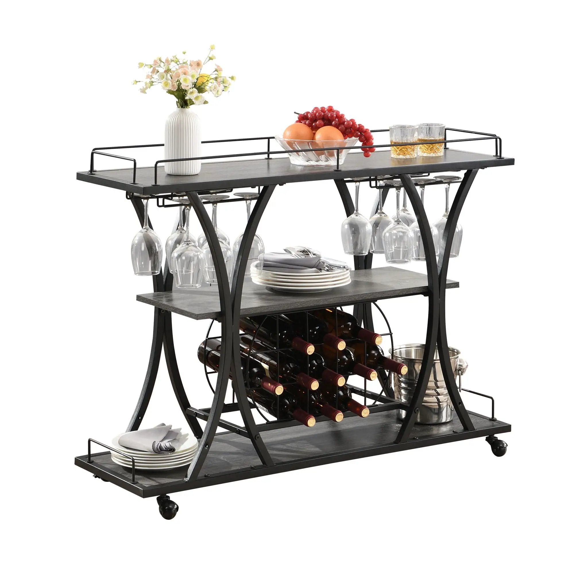 Industrial Bar Cart Kitchen Bar & Serving Cart For Home With Wheels 3 Tier Storage Shelves - Black / Gray by Unique Piece Furniture