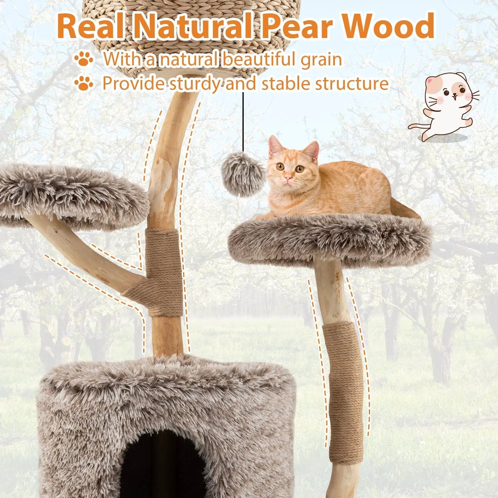 Wood Cat Tree Solid Pear Cat Tree with Perch and Sisal Scratching Posts-Brown by DirectDeals