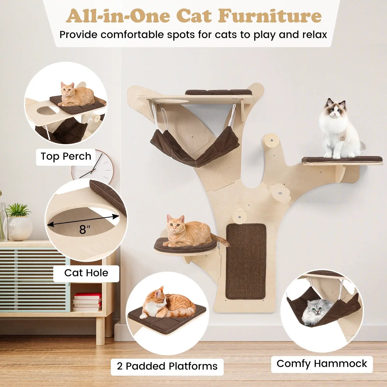 Wall-Mounted Cat Tower Cat Wall Shelves Furniture with Perch-Brown by DirectDeals
