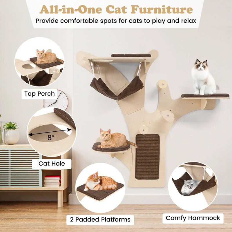 Wall-Mounted Cat Tower Cat Wall Shelves Furniture with Perch-Brown by DirectDeals
