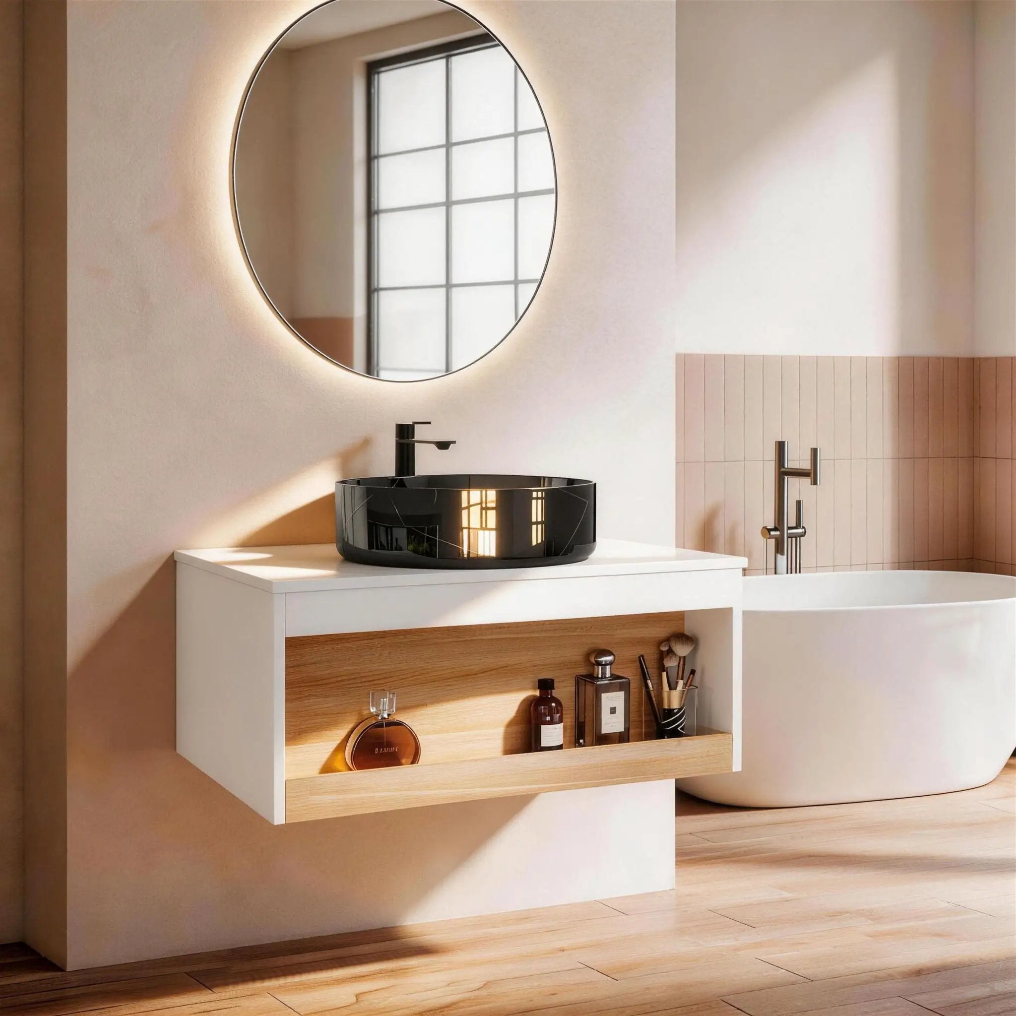 Floating Bathroom Vanity With Vessel Sink With Open Shelf Storage by Unique Piece Furniture