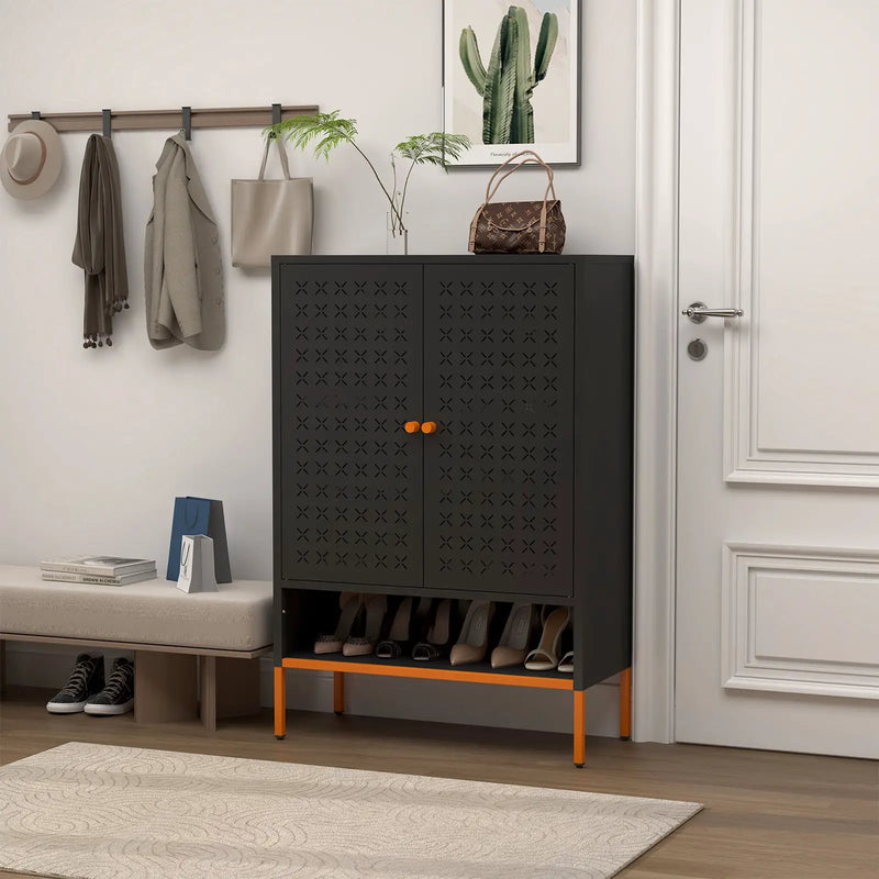 Grid Double Door Shoe Cabinet With Adjustable Compartments And Moisture-Proof Design In Metal by Unique Piece Furniture