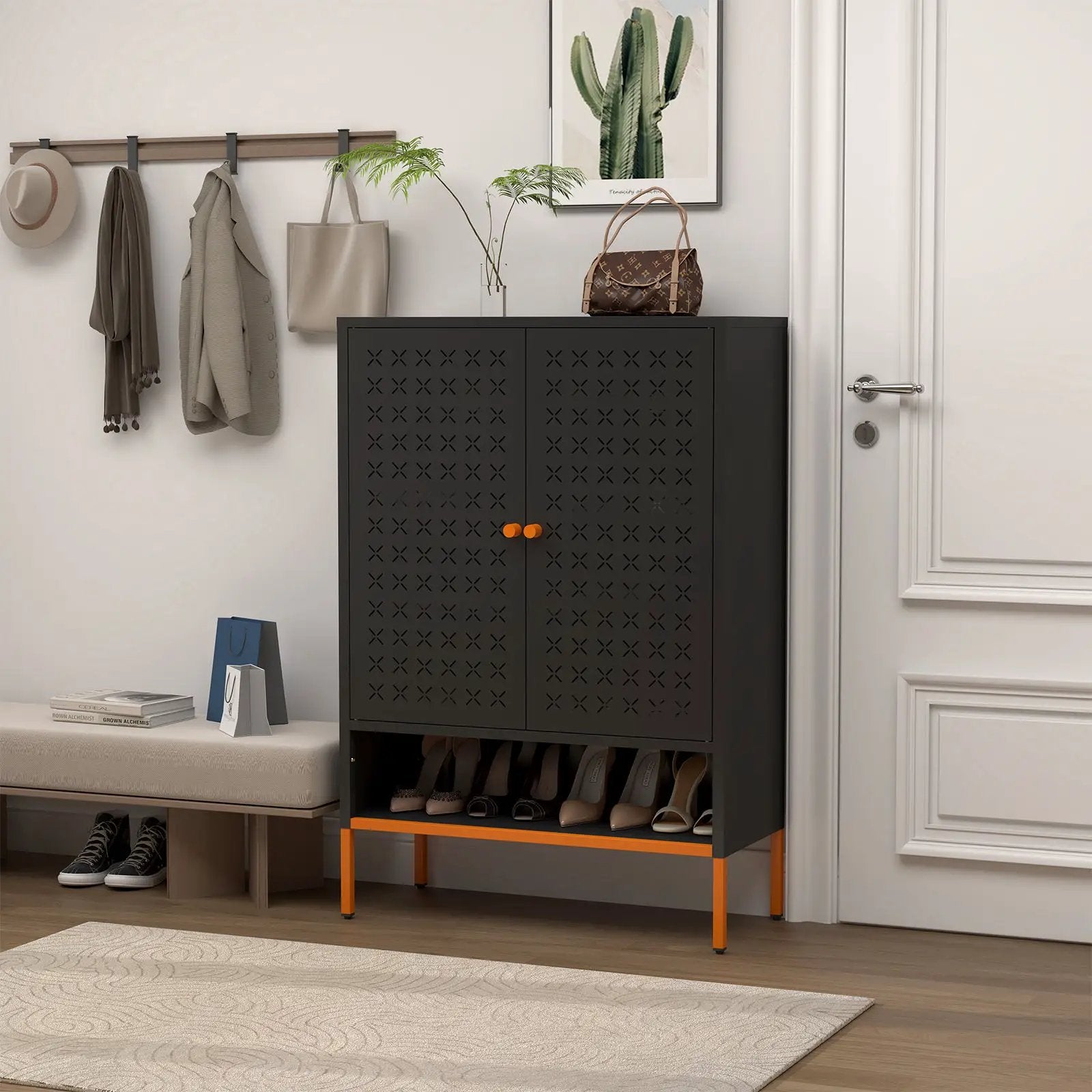 Grid Double Door Shoe Cabinet With Adjustable Compartments and Moisture-Proof Design by HouseOfZazla
