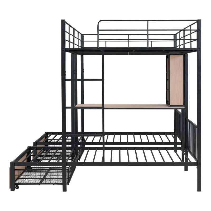 Triple Bunk Bed With Drawers, Multi-Functional Frame With Desks And Shelves In The Middle by HouseOfZazla
