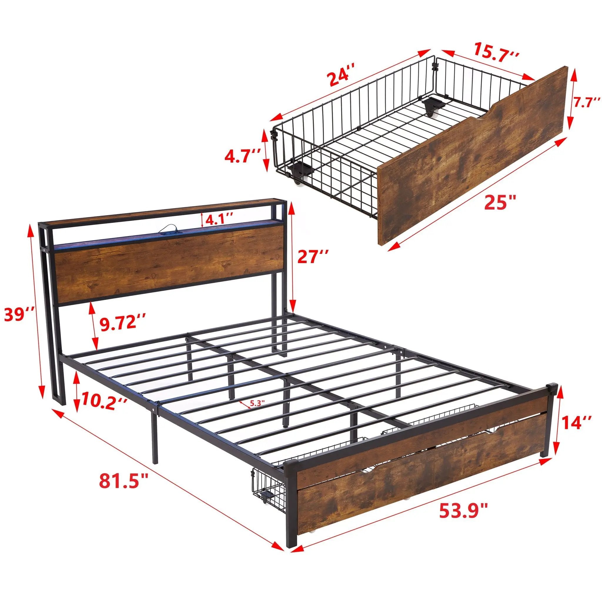 Modern Metal Platform Bed Frame With Wooden Headboard And Footboard, USB Charging Station, LED Lights, 2 Drawers by Unique Piece Furniture
