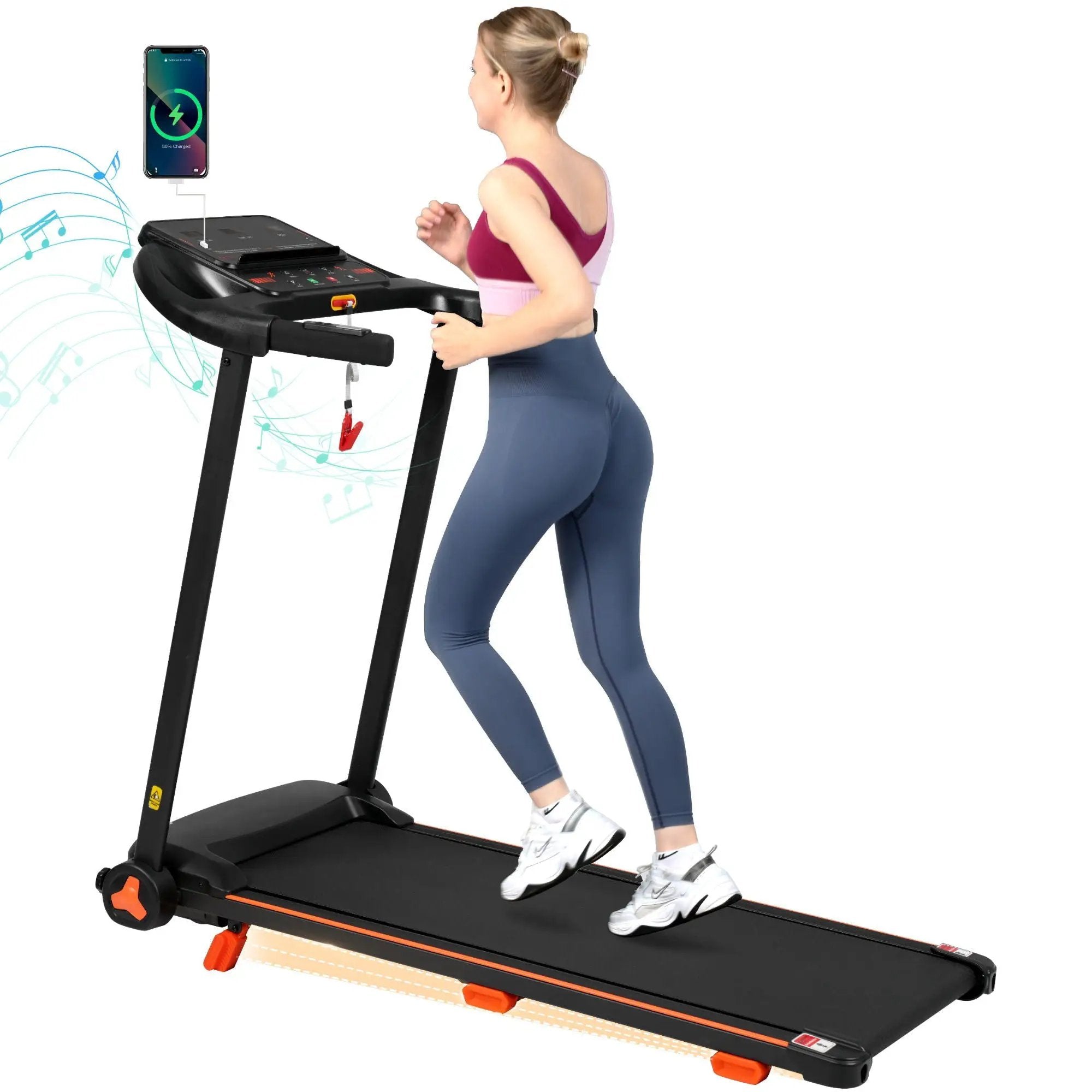2.5Hp Quiet Folding Treadmill With Heart Rate Sensor, 300Lbs Weight Capacity, With USB Charge Station For Android & Bluetooth Speaker, 6 Shock Absorbing - Black by HouseOfZazla
