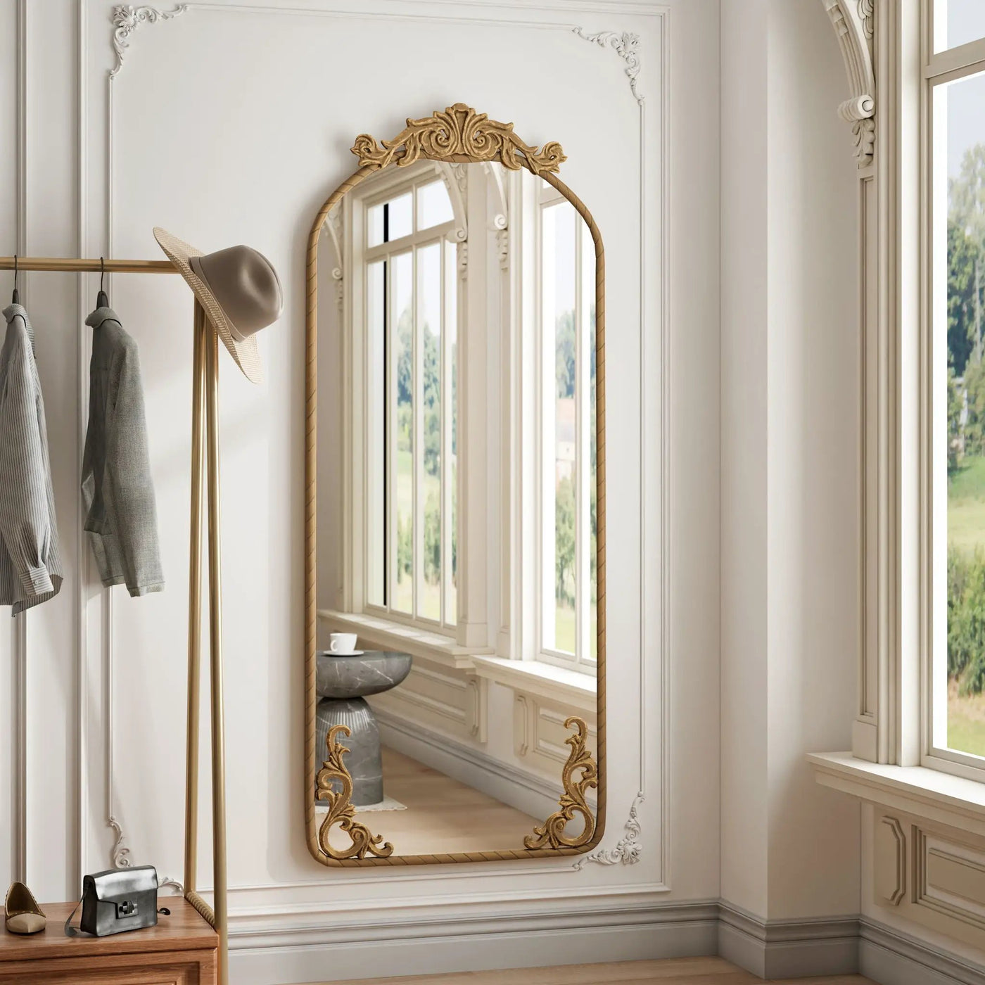 Full Body Arched Mirror With Vintage Carved Applique by Unique Piece Furniture