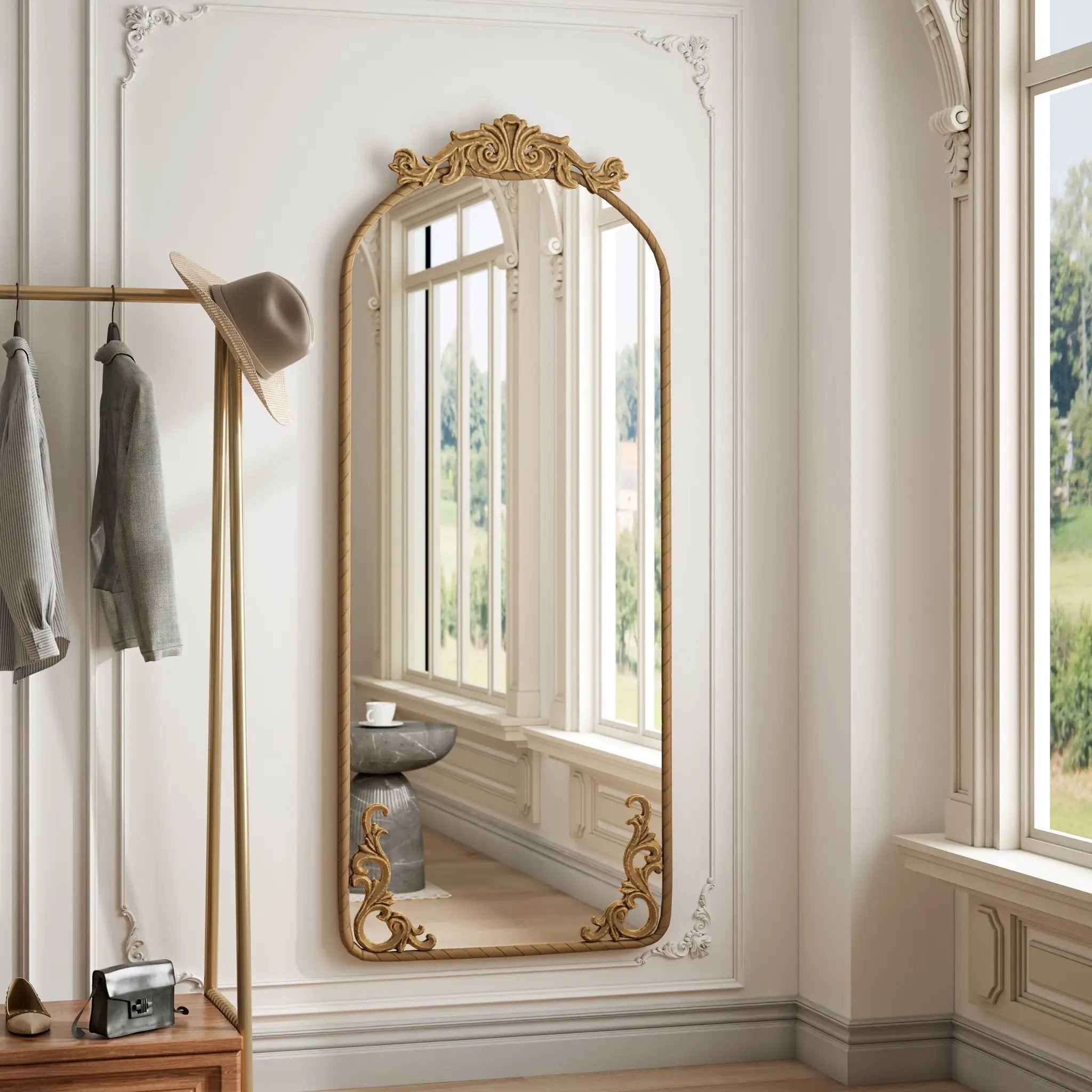 Full Body Arched Mirror With Vintage Carved Applique by Unique Piece Furniture